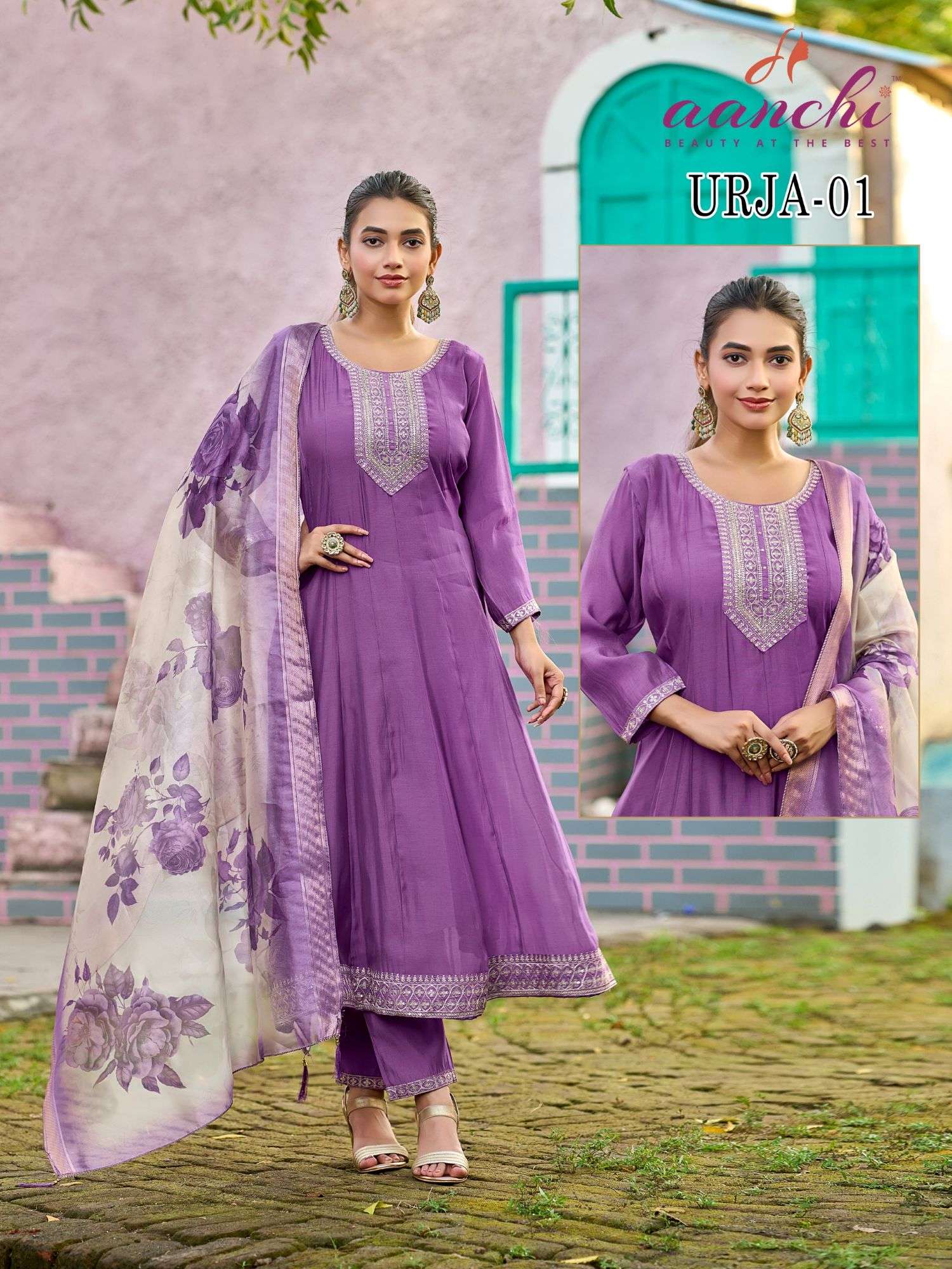 AANCHI URJA 01 TO 05 SERIES PURE CHANDERI EMBROIDERY DRESSES-00286