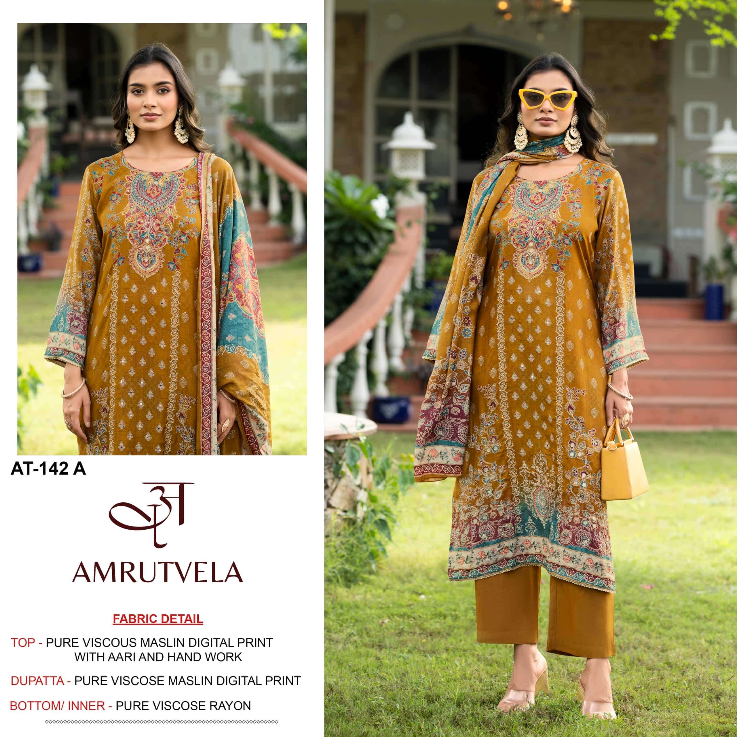 AMRUTVELA AT-142 A TO D SERIES PURE MUSLIN PRINTED DRESSES-00062