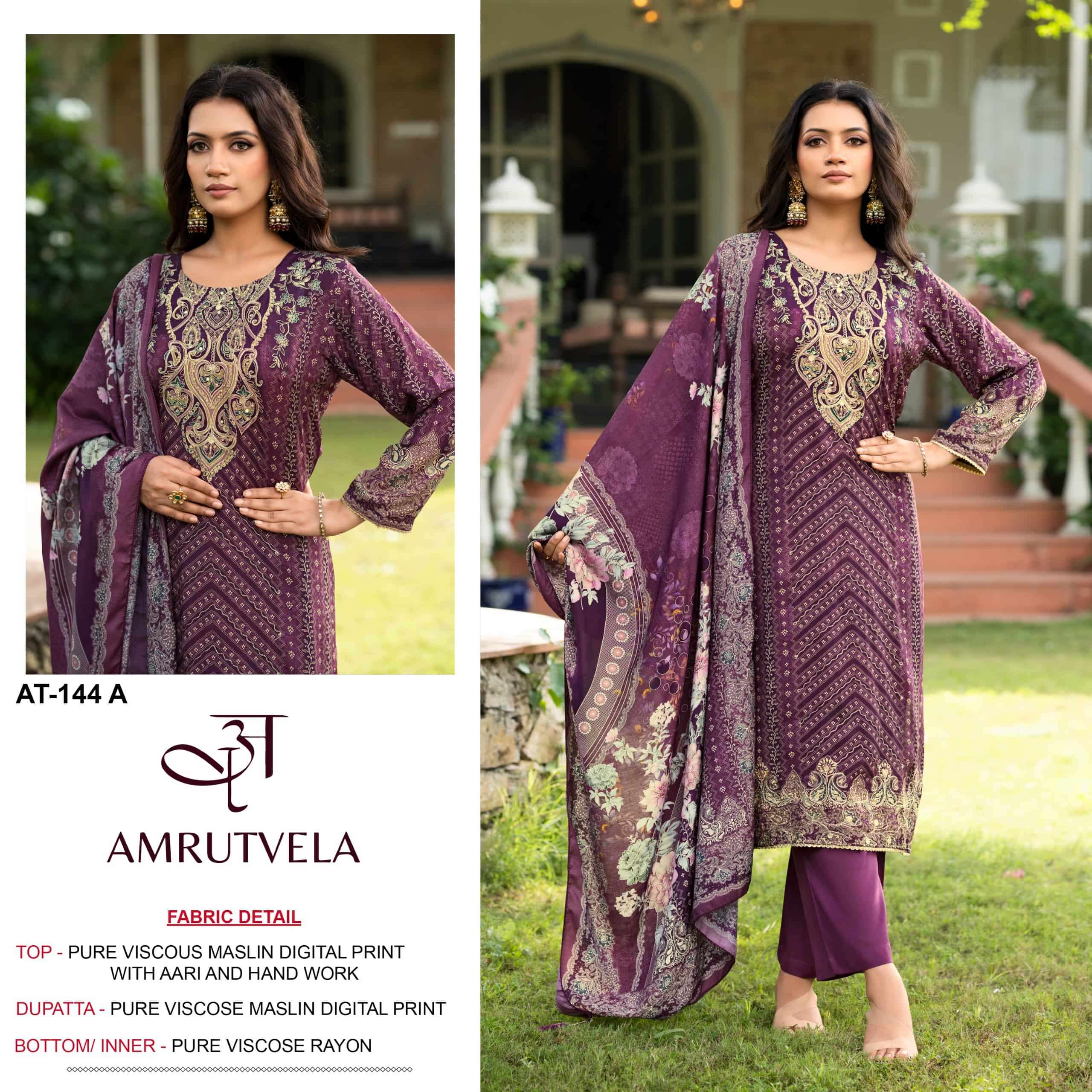 AMRUTVELA AT-144 A TO D SERIES PURE MUSLIN PRINTED DRESSES-00011