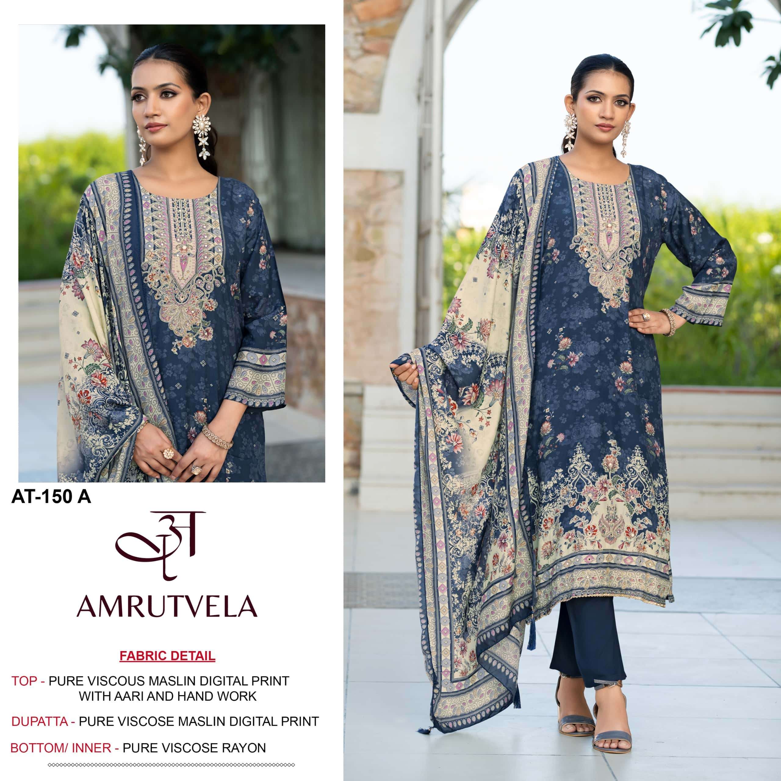 AMRUTVELA AT-150 A TO D SERIES PURE MUSLIN PRINTED DRESSES-00011