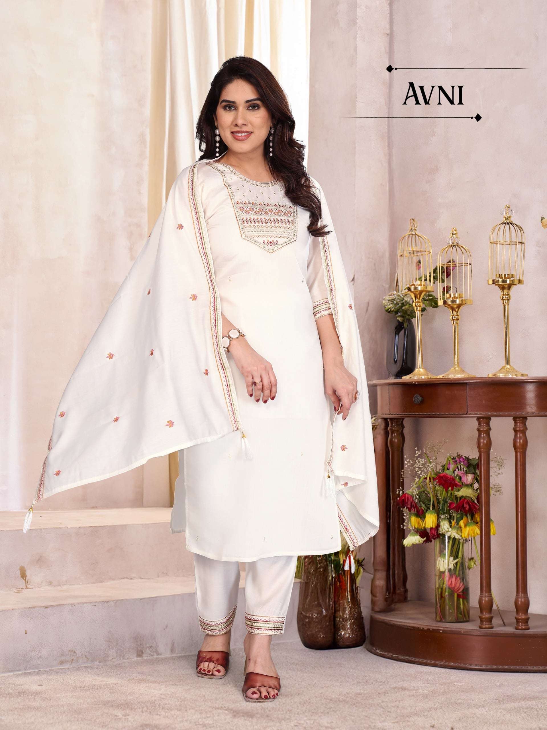 AVNI BY ASLIWHOLESALE DESIGNER PURE ROMAN SILK EMBROIDERY DRESSES-00401