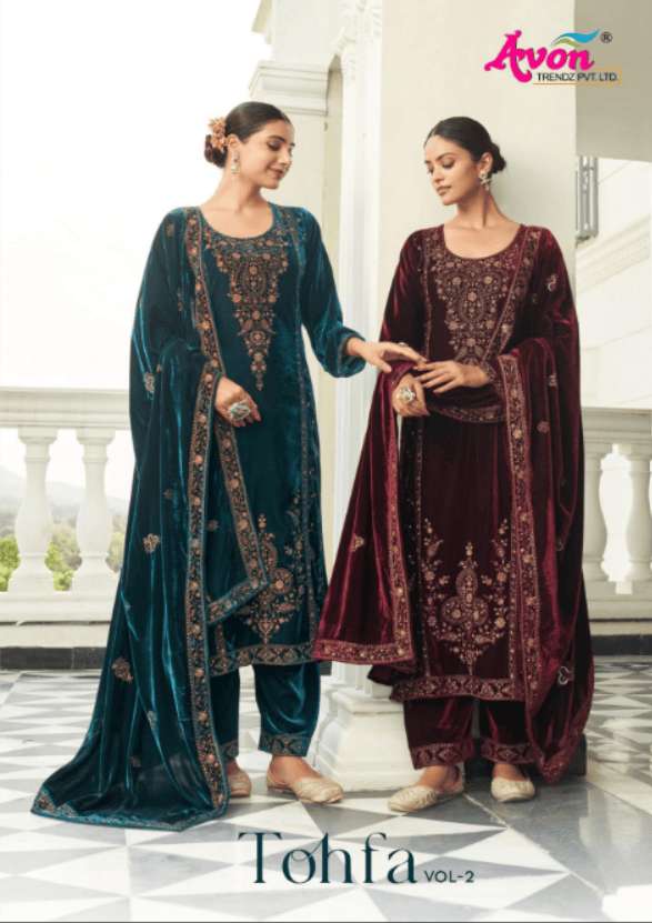 AVON TOHFA VOL-2 2183 A TO D SERIES PURE VELVET SILK EMBROIDERY PAKISTANI DRESSES-00402
