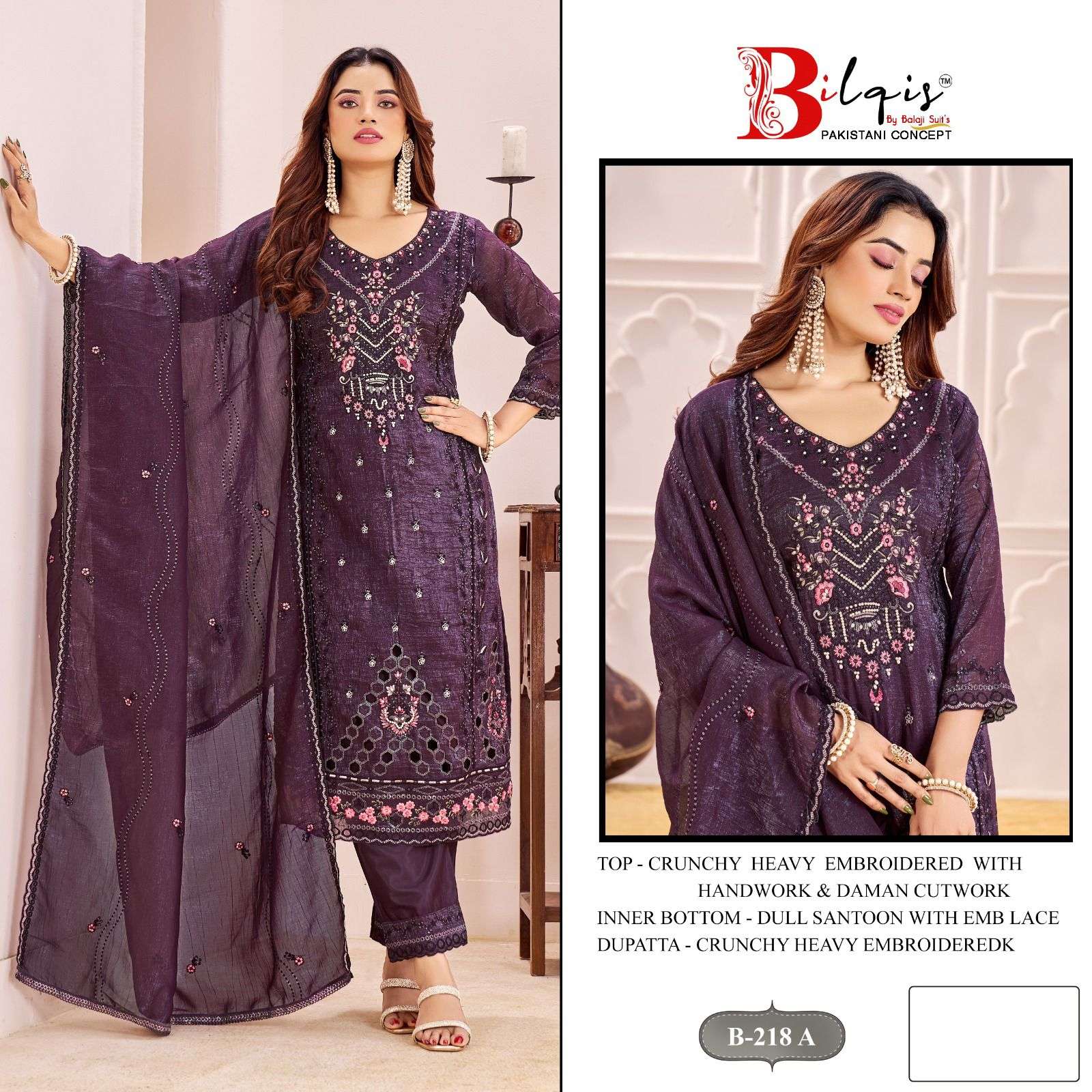 BILQIS B-218 PURE CRUNCHY EMBROIDERY PAKISTANI DRESSES-00201