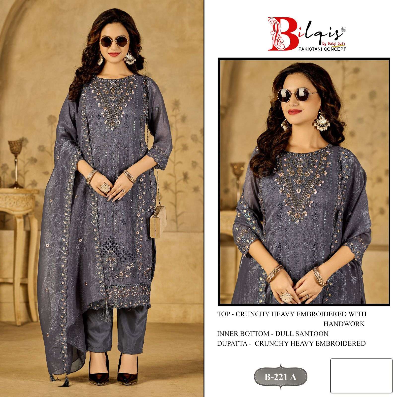 BILQIS B-221 A TO D SERIES PURE CRUNCHY EMBROIDERY PAKISTANI DRESSES-00201