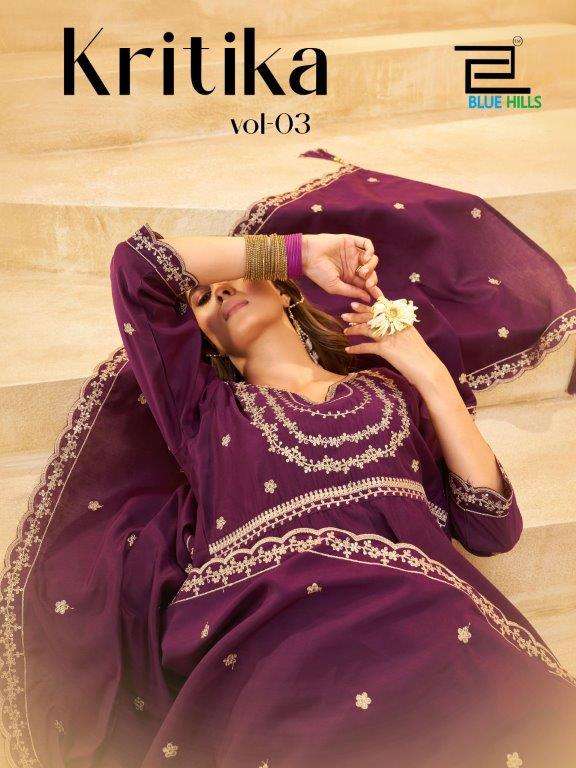 BLUE HILLS KRITIKA VOL-3 3001 TO 3006 SERIES PURE ROMAN SILK EMBROIDERY DRESSES-00099