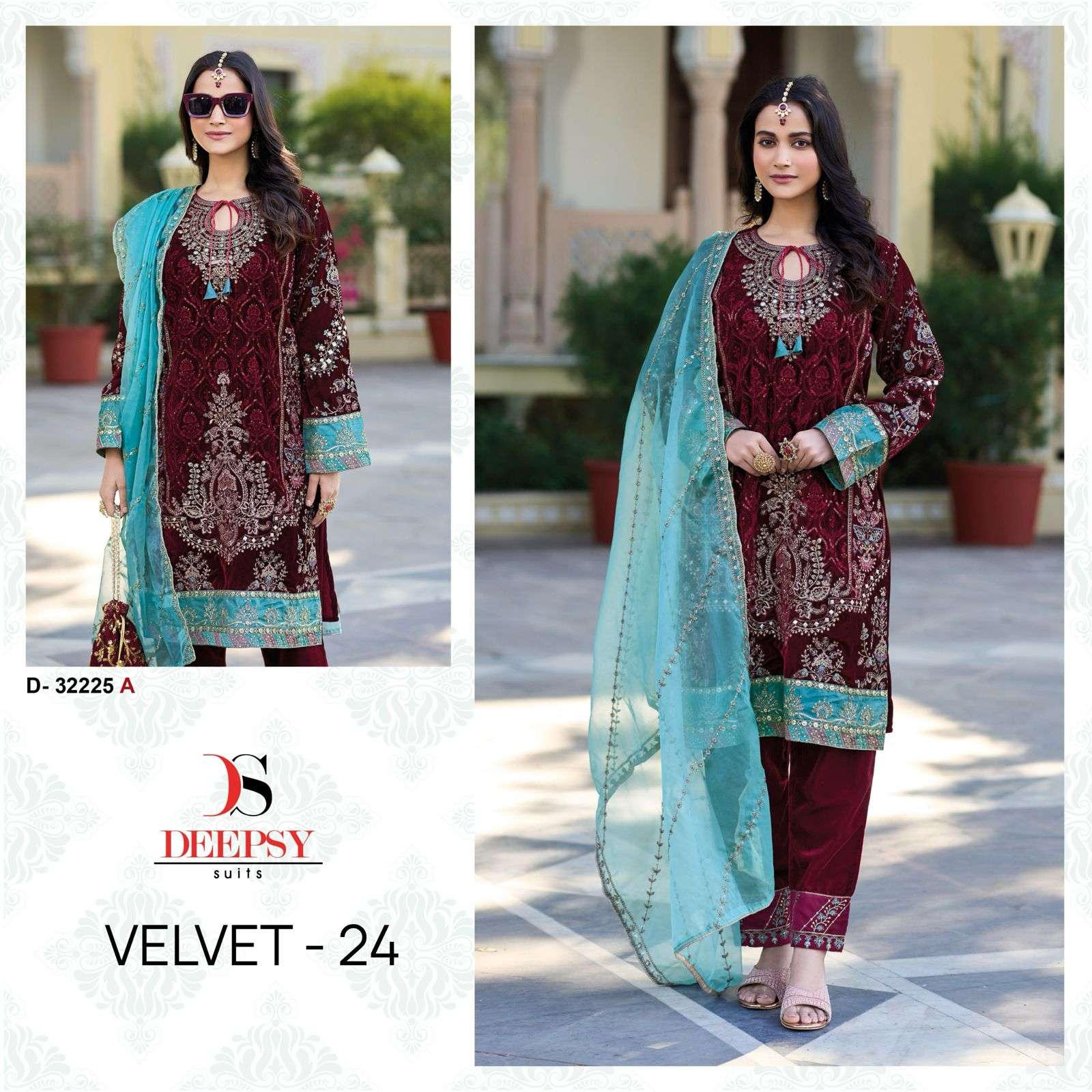 DEEPSY SUIT D-32225 A TO D SERIES PURE VELVET EMBROIDERY PAKISTANI DRESSES-00201