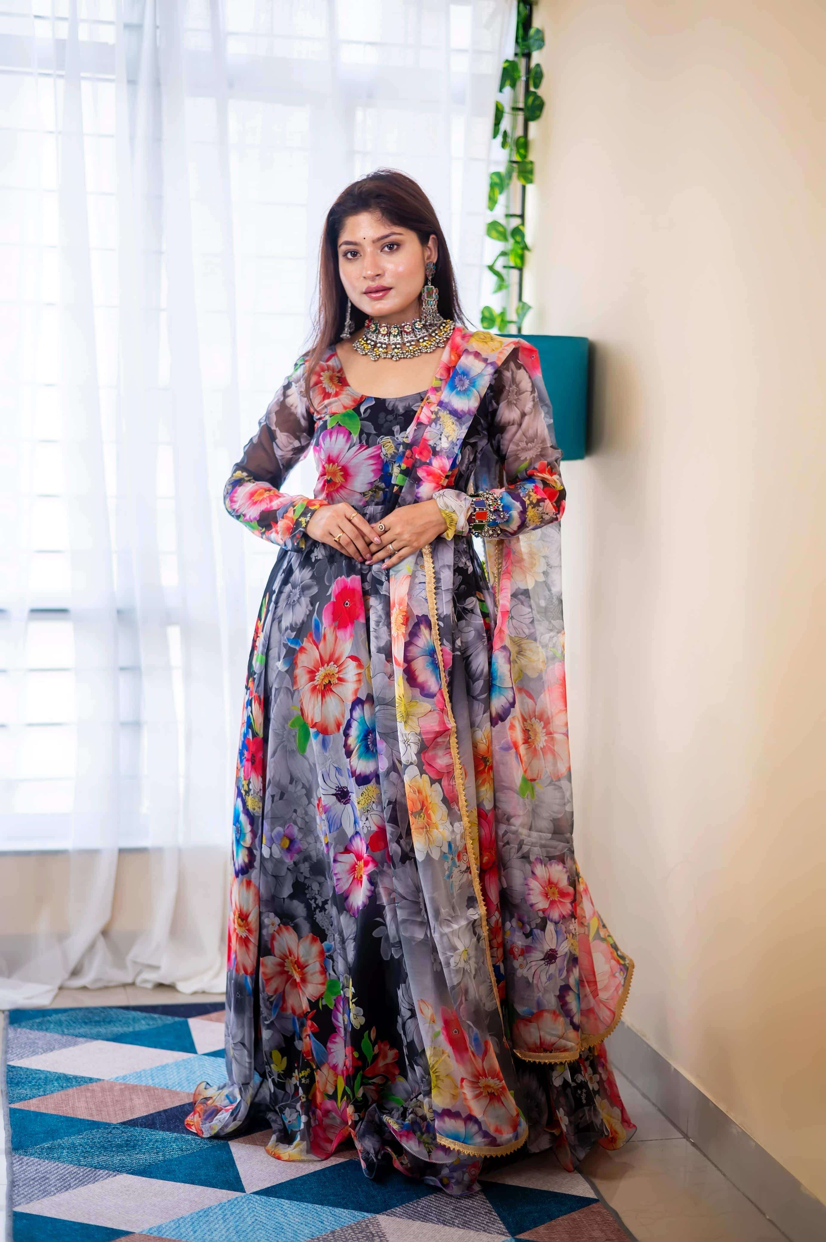 DN-524 BY ASLIWHOLESALE DESIGNER PURE ORGANZA SILK PRINTED GOWN-00232