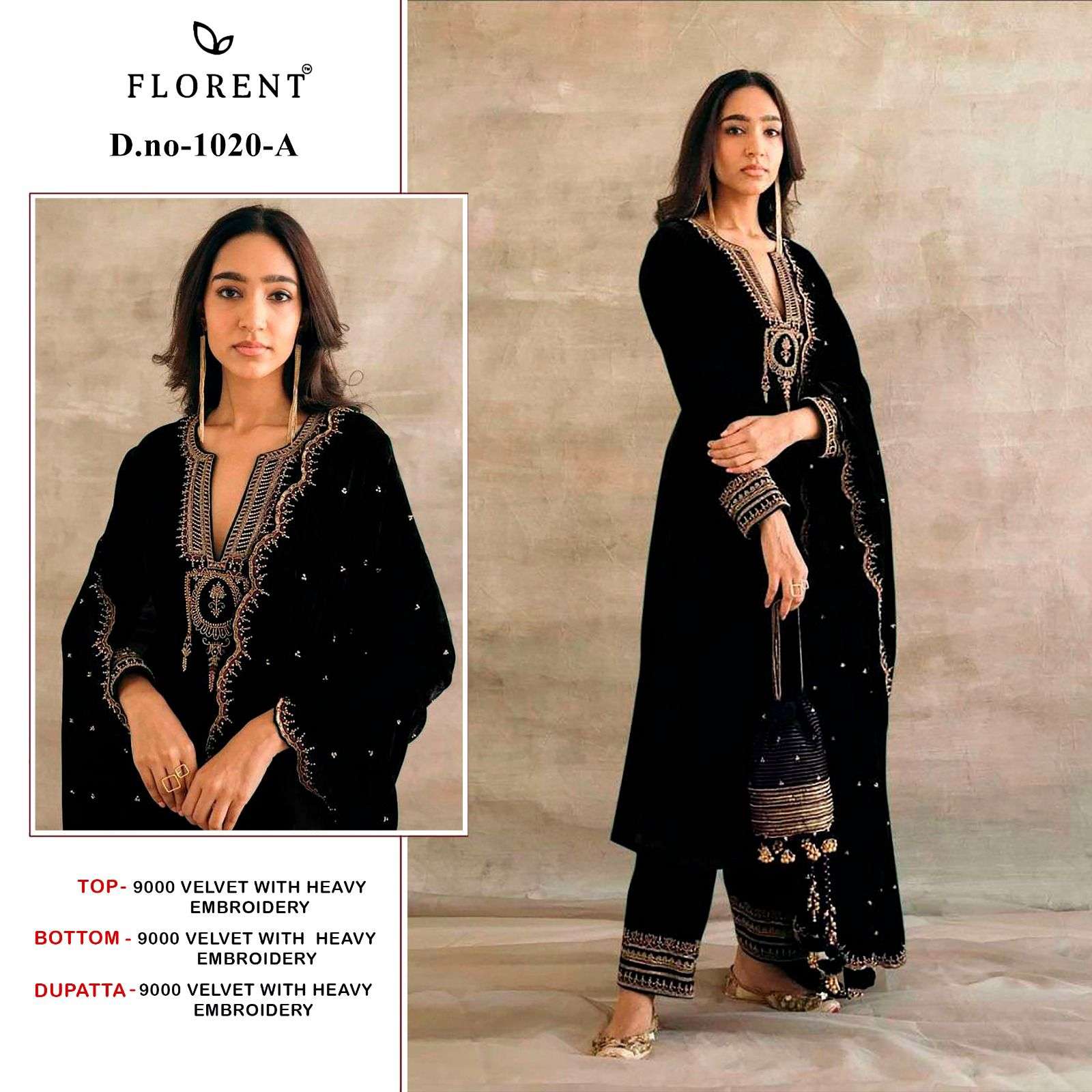 FLORENT 1020 A TO D SERIES PURE VELVET EMBROIDERY PAKISTANI DRESSES-00062