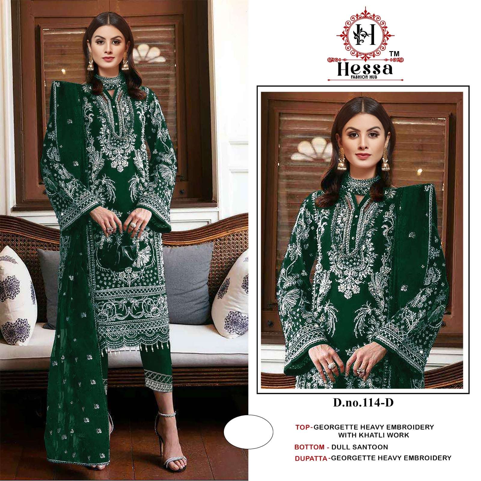 HESSA 114 COLOUR A TO D SERIES PURE GEORGETTE EMBROIDERY PAKISTANI DRESSES-00310