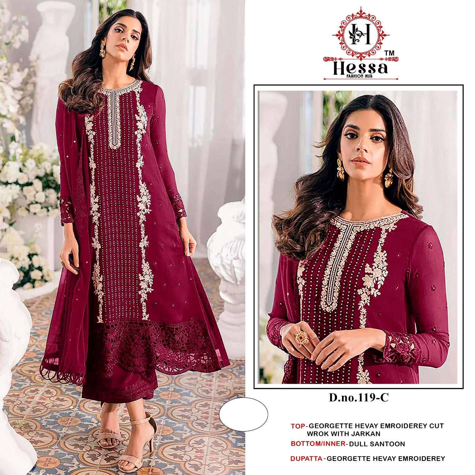 HESSA 119 COLOUR A TO D SERIES PURE GEORGETTE EMBROIDERY PAKISTANI DRESSES-00310