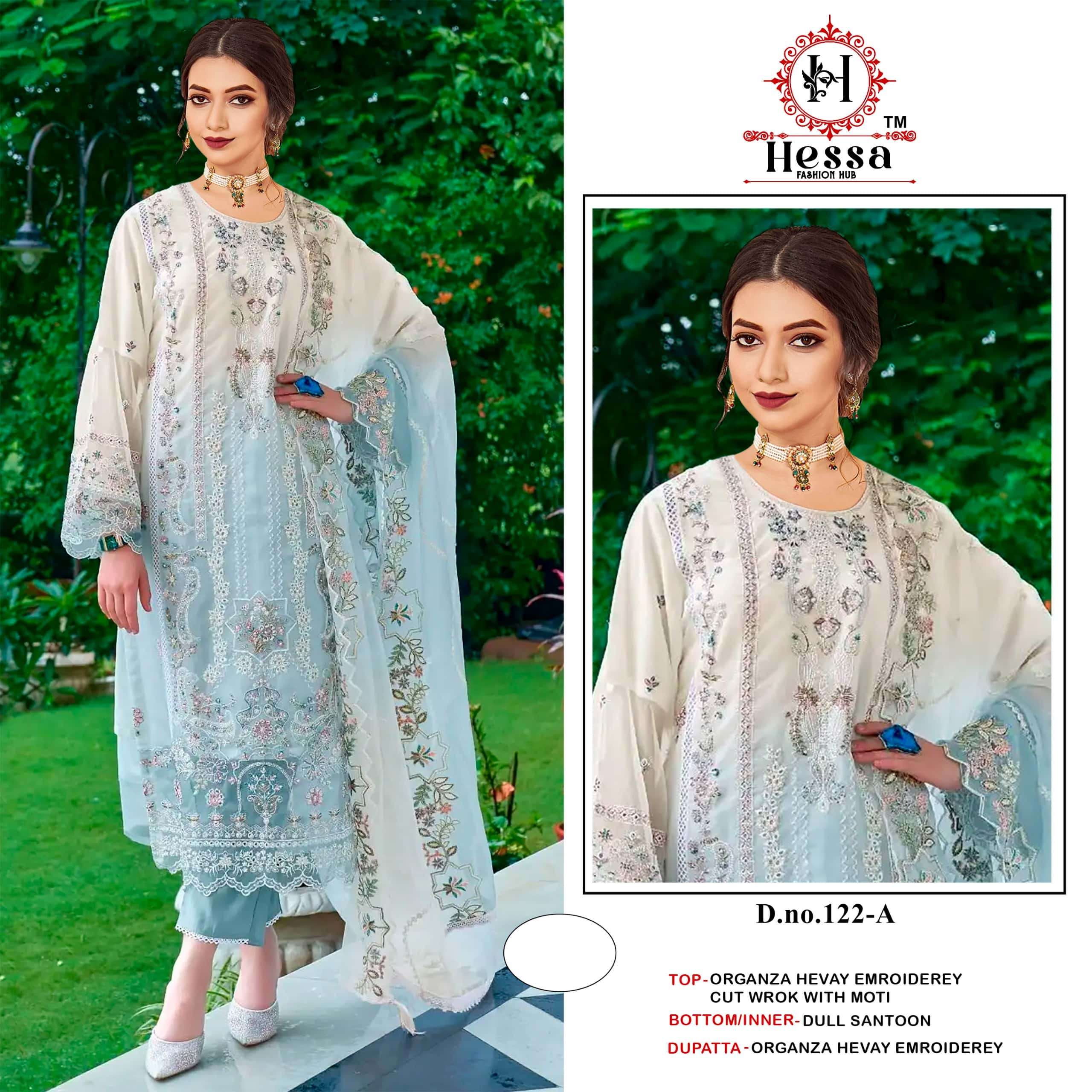 HESSA 122 COLOUR A TO D SERIES PURE ORGANZA EMBROIDERY PAKISTANI DRESSES-00310