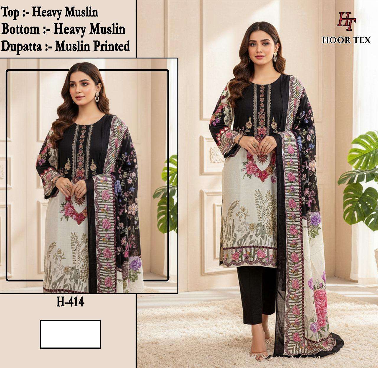 HOOR TEX HF-414 TO 416 SERIES PURE MUSLIN EMBROIDERY PAKISTANI DRESSES-00020
