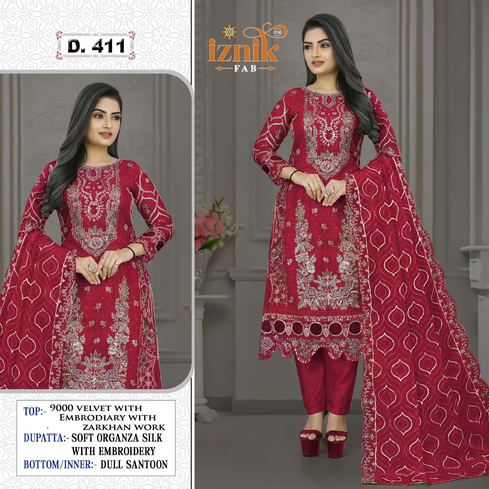 IZNIK FAB A-411 A TO D SERIES PURE 9000 VELVET EMBROIDERY PAKISTANI DRESSES-00201