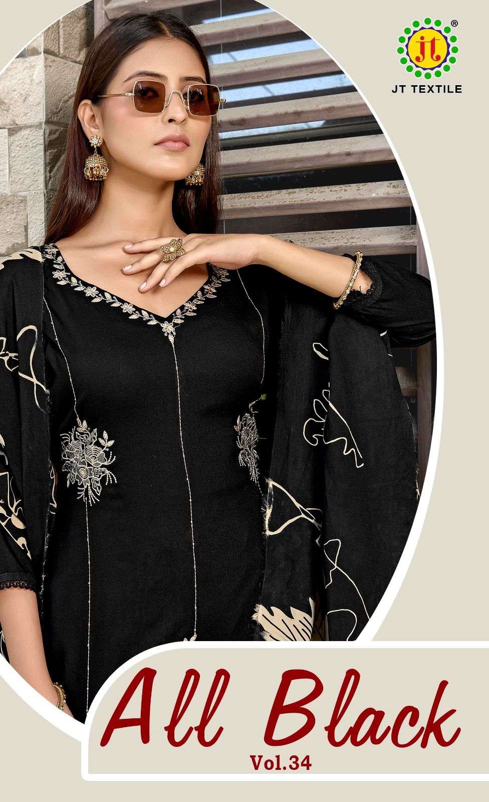 JT TEXTILE ALL BLACK VOL-34 34001 TO 34005 SERIES  PURE RAYON EMBROIDERY PAKISTANI DRESSES-00062