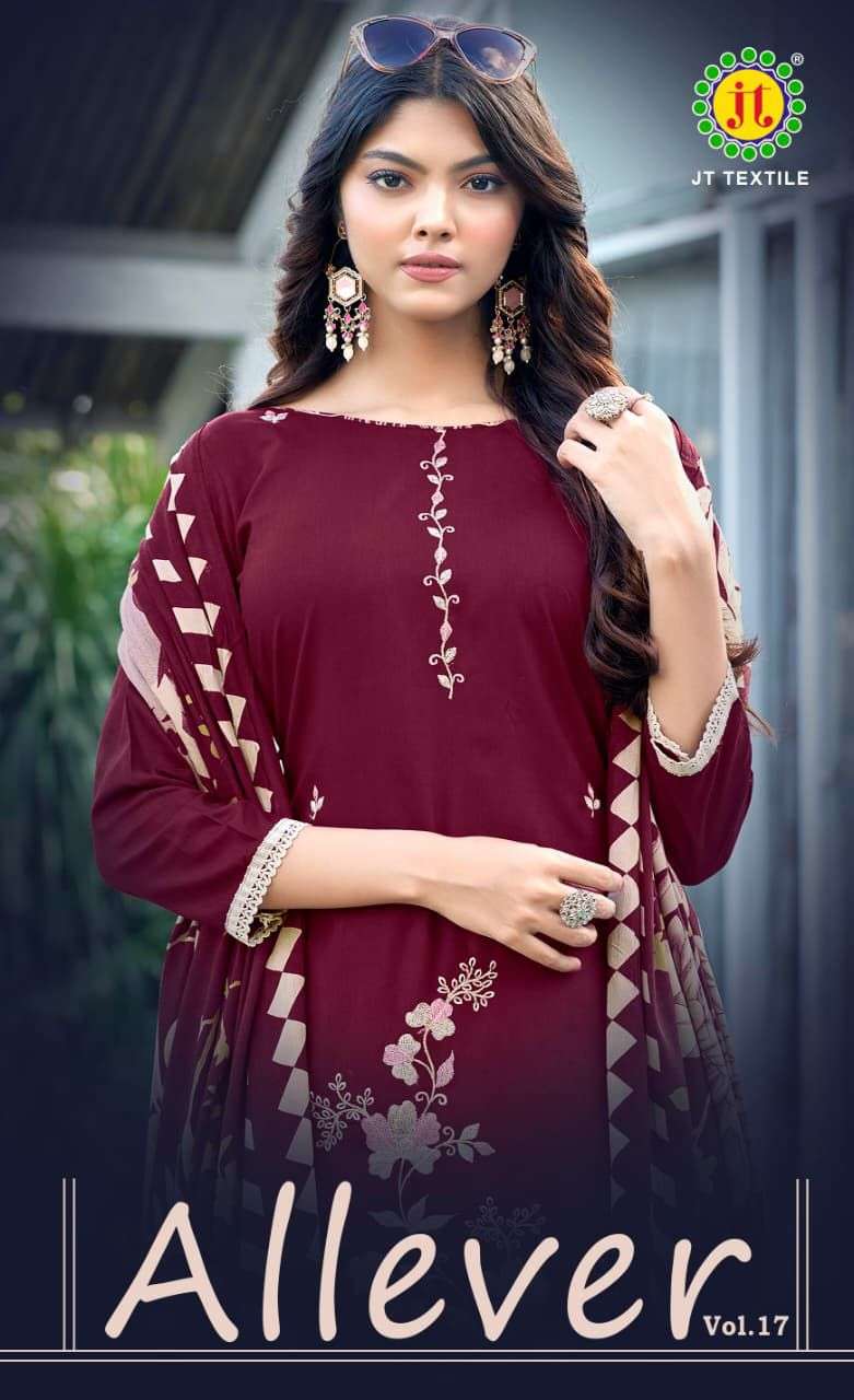 JT TEXTILE ALLEVER VOL-17 17001 TO 17005 SERIES PURE RAYON EMBROIDERY PAKISTANI DRESSES-00062