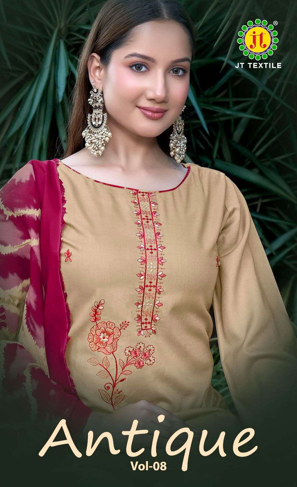 JT TEXTILE ANTIQUE VOL-08 8001 TO 8005 SERIES PURE RAYON EMBROIDERY DRESSES-00201