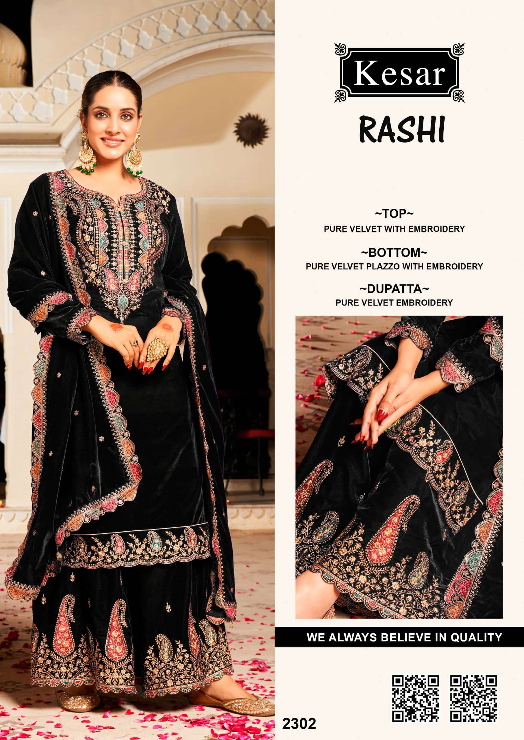KESAR KARACHI RASHI 2301 TO 2303 SERIES PURE VELVET EMBROIDERY PAKISTANI DRESSES-00402