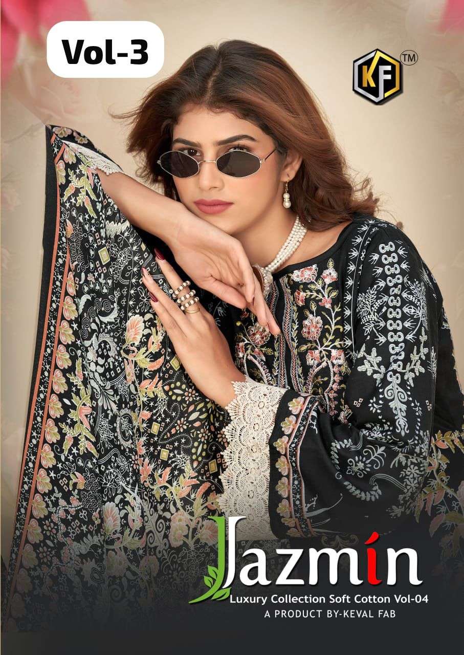 KEVAL FAB JAZMIN VOL-04 4001 TO 4006 SERIES PURE COTTON PRINTED EMBROIDERY PAKISTANI DRESSES-00201
