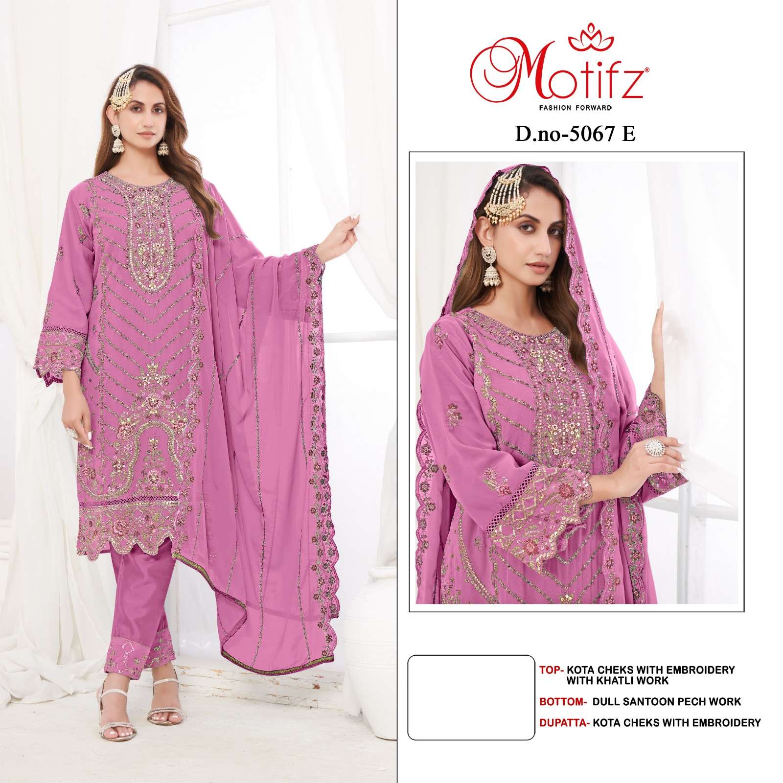 MOTIFZ 5067 SERIES 5067-E TO 5067-H SERIES PURE KOTA CHEKS EMBROIDERY DRESSES-00201