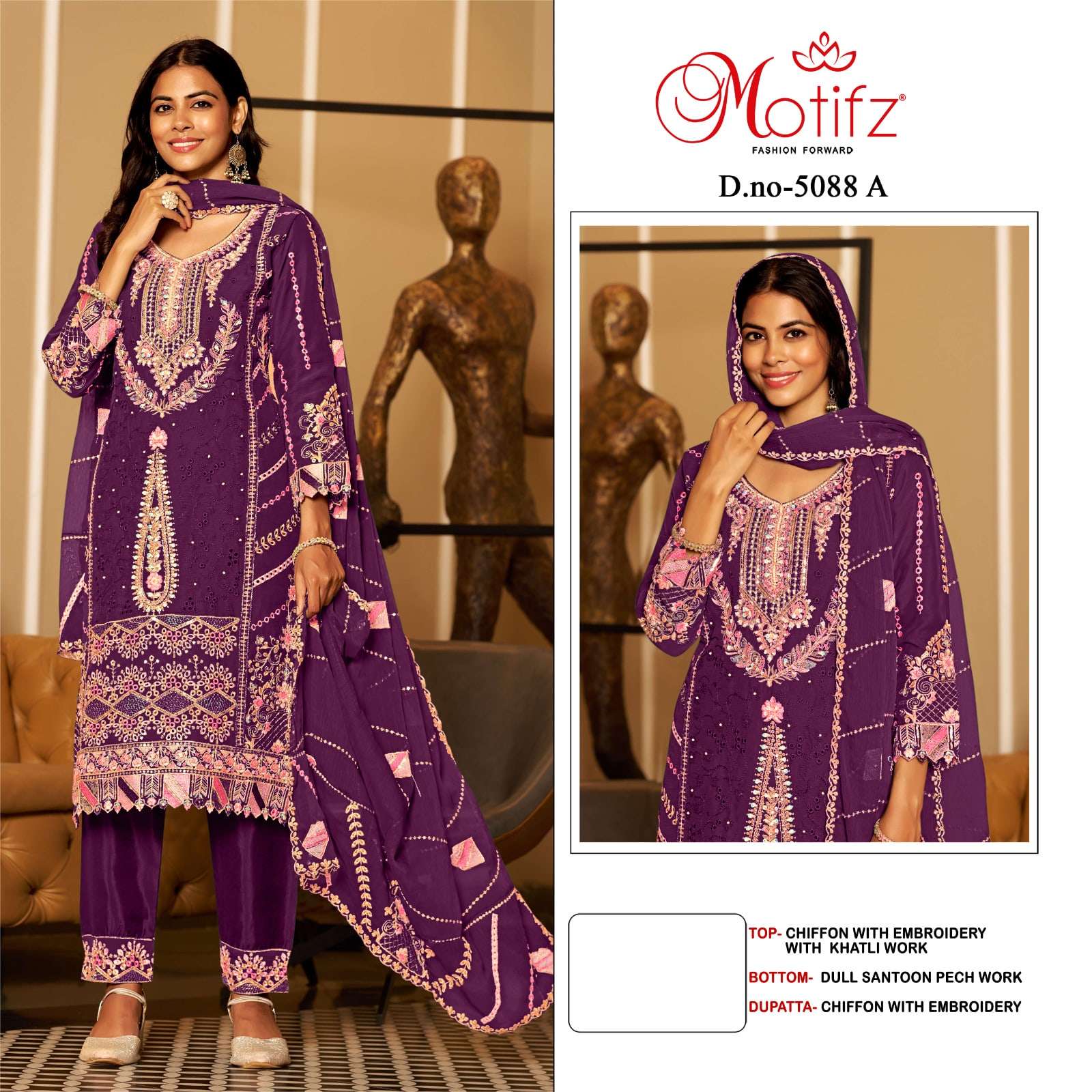 MOTIFZ 5088 A TO D SERIES PURE CHIFFON EMBROIDERY PAKISTANI DRESSES-00201