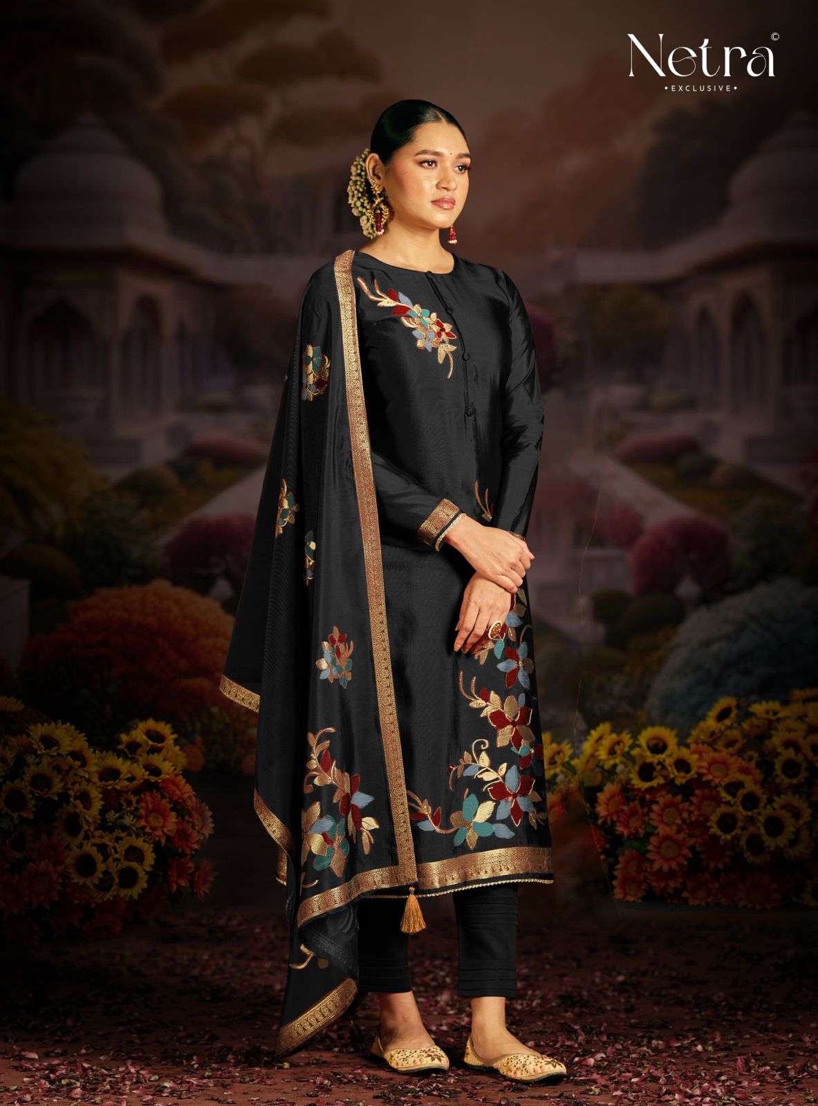 NETRA BERLIN BLACK PURE SILK JACQUARD PRINTED DRESSES-00402