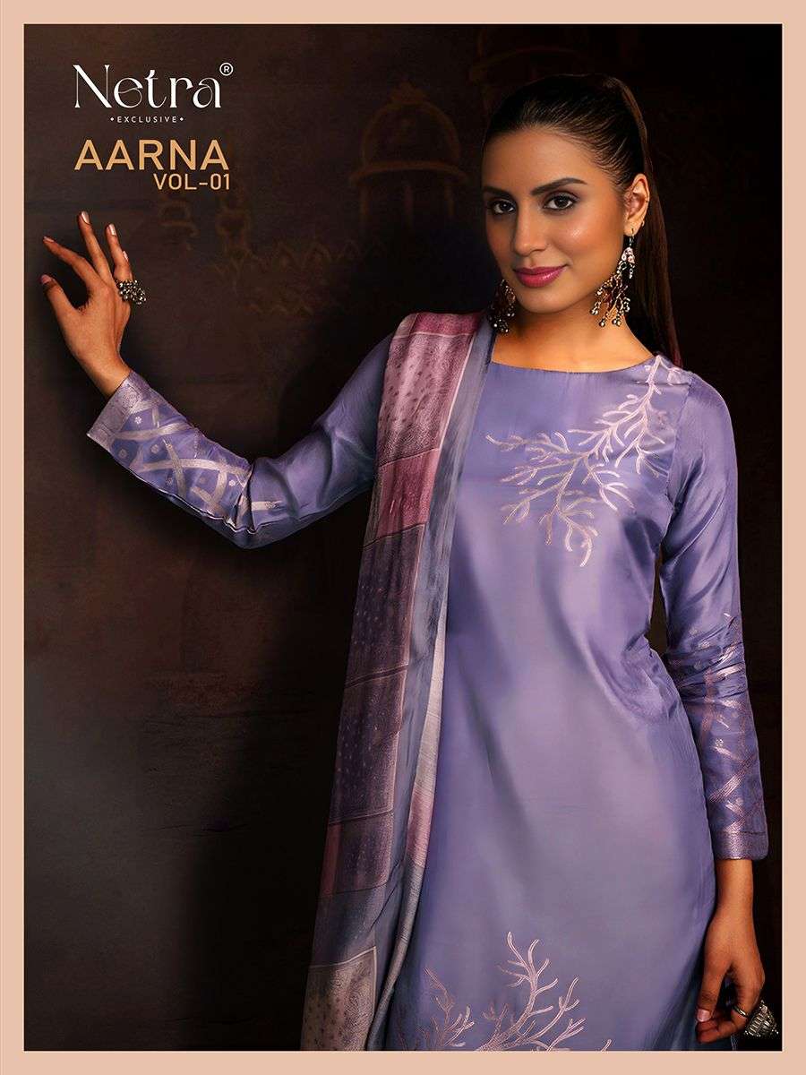 NETRA EXCLUSIVE AARNA VOL-1 PURE MUSLIN JACQUARD EMBROIDERY DRESSES-00402