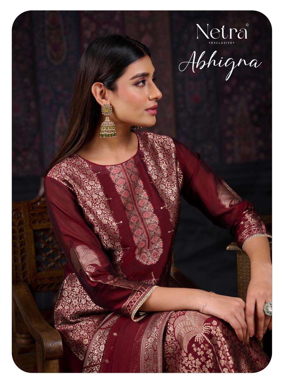 NETRA EXCLUSIVE ABHIGNA 1142-A TO 1142-E SERIES PURE VISCOSE SILK EMBROIDERY DRESSES-00402