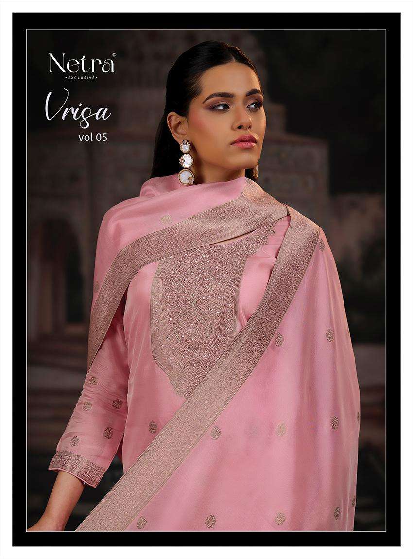 NETRA EXCLUSIVE VRISA VOL-5 1116 A TO F SERIES PURE VISCOSE SILK EMBROIDERY DRESSES-00402