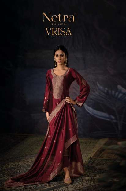 NETRA EXCLUSIVE VRISA 1001 TO 1006 SERIES PURE SILK JACQUARD EMBROIDERY DRESSES-00402