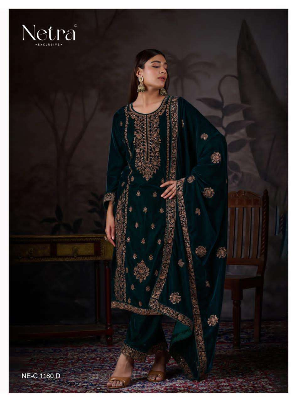 NETRA KRISHA 1180-A TO 1180-D SERIES PURE VELVET SILK EMBROIDERY PAKISTANI DRESSES-00402