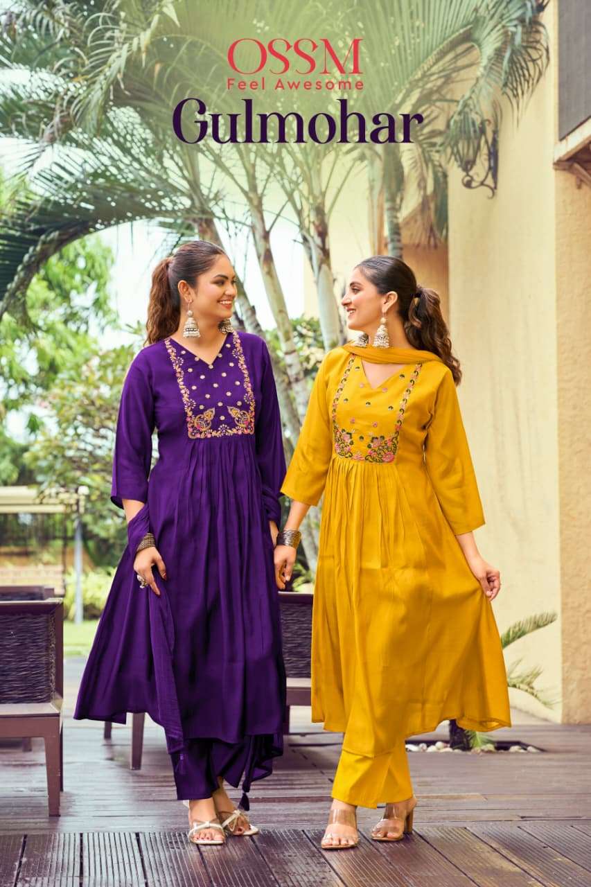 OSSM GULMOHAR 1001 TO 1006 SERIES PURE CHANDERI EMBROIDERY  DRESSES-00014