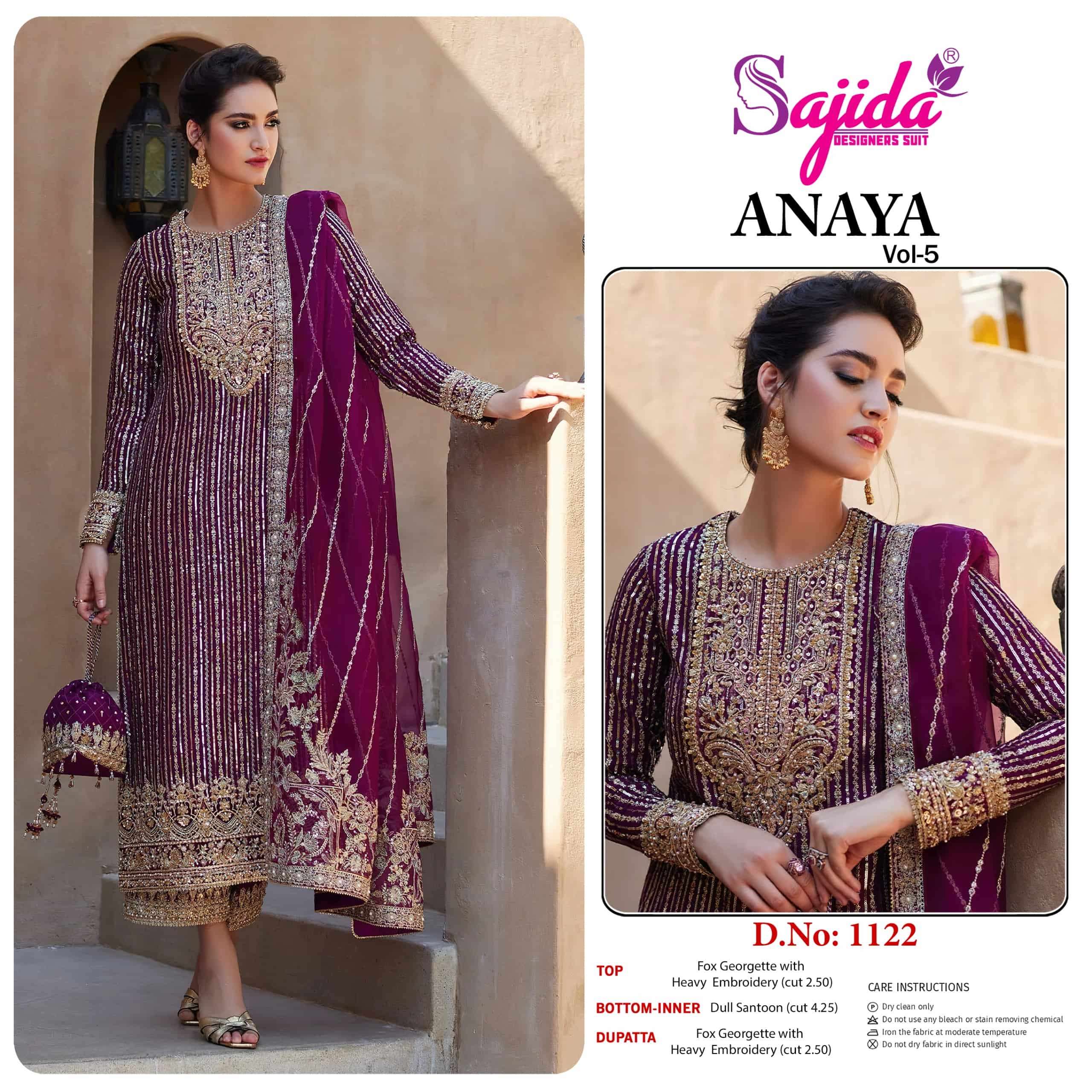 SAJIDA AANAYA VOL-05 1122 TO 1124 SERIES PURE GEOGETTE EMBROIDERY PAKISTANI DRESSES-00201