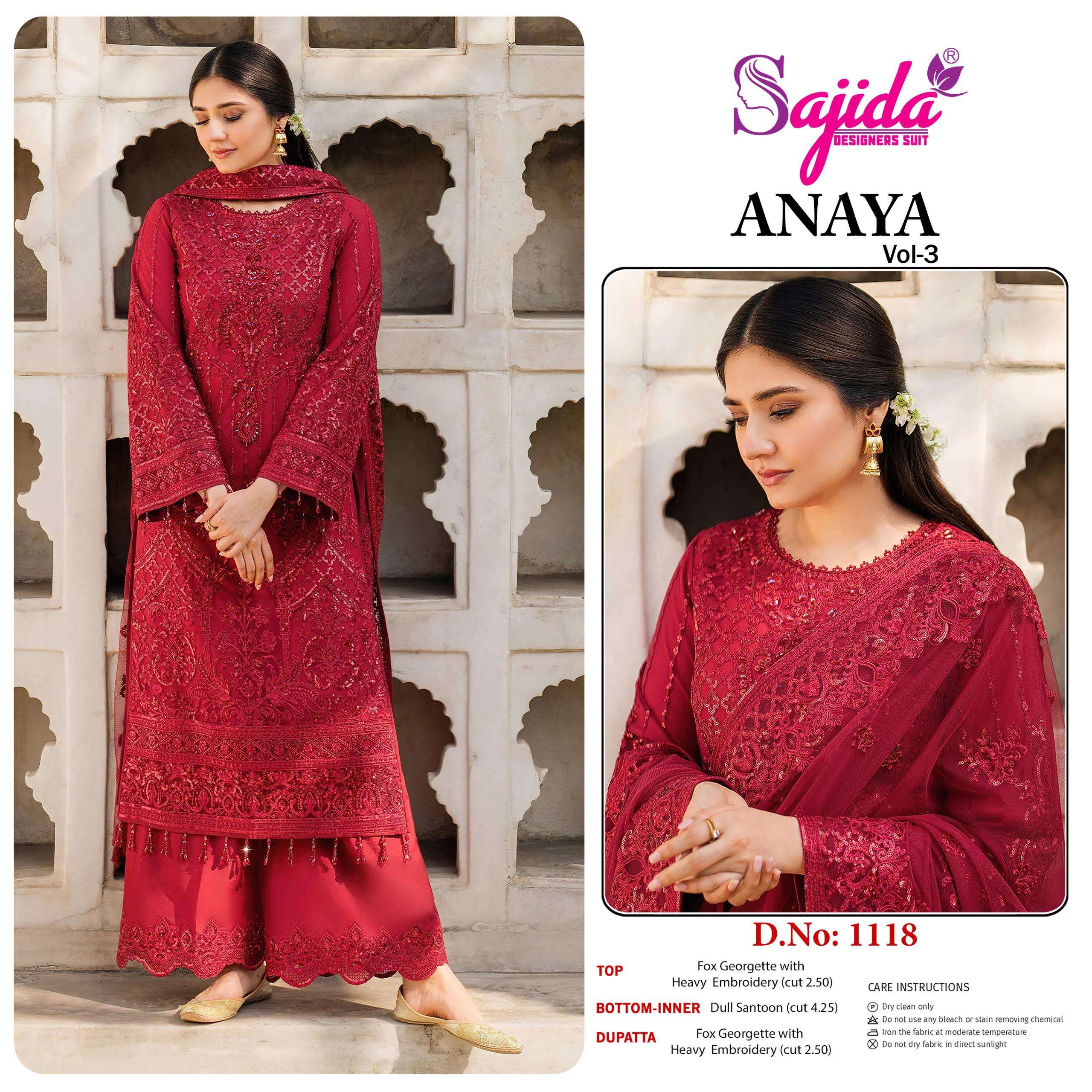 SAJIDA ANAYA VOL-03 SD-1116 TO SD-1118  SERIES PURE GEORGETTE EMBROIDERY PAKISTANI DRESSES-00201
