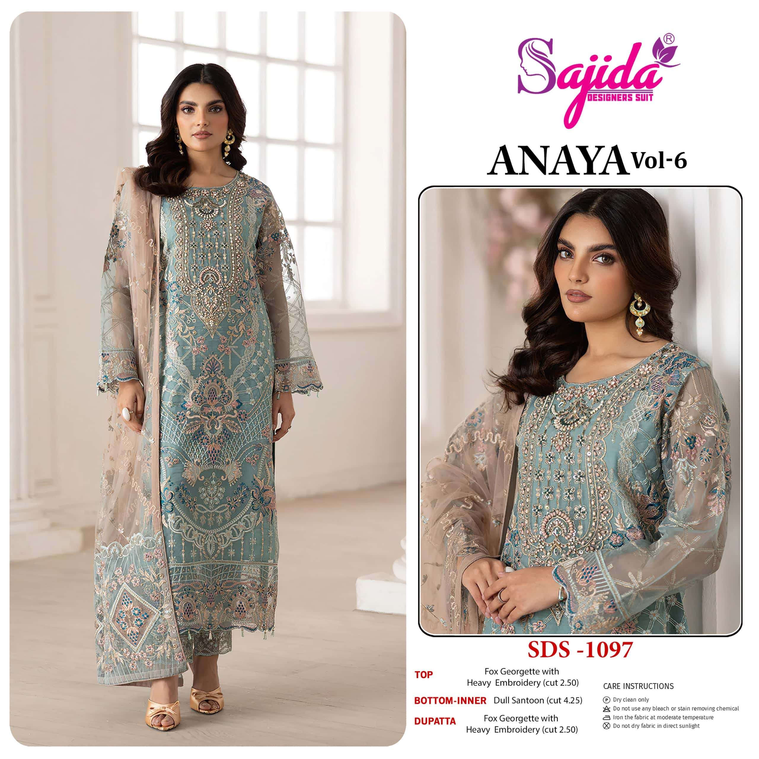 SAJIDA ANAYA VOL-06 SD-1097 TO SD-1099 SERIES PURE GEORGETTE EMBROIDERY PAKISTANI DRESSES-00201