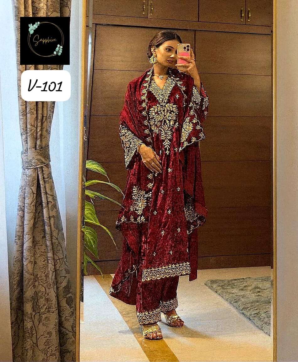 SAPPHIRE VELVET VOL-101 PURE VELVET EMBROIDERY PAKISTANI DRESSES-00272