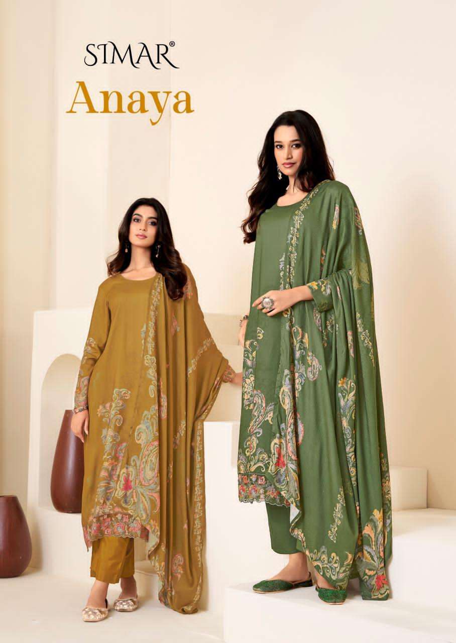 SIMAR GLOSSY ANAYA 5103-A TO 5103-D SERIES PURE PASHMINA PAKISTANI DRESSES-00402