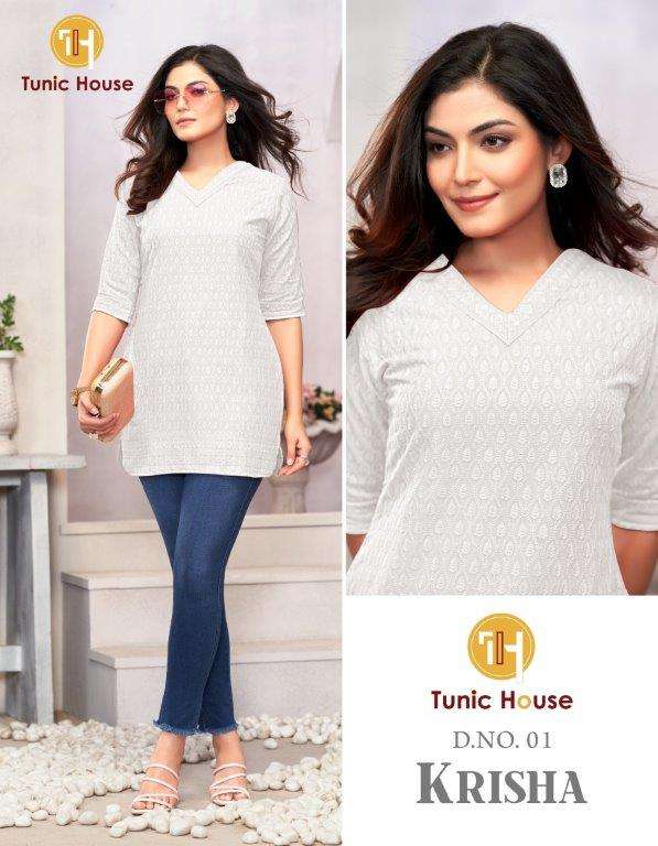 TUNIC HOUSE KRISHA 01 TO 13 SERIES PURE VISCOSE RAYON CHIKANKARI WORK TUNICS-00074