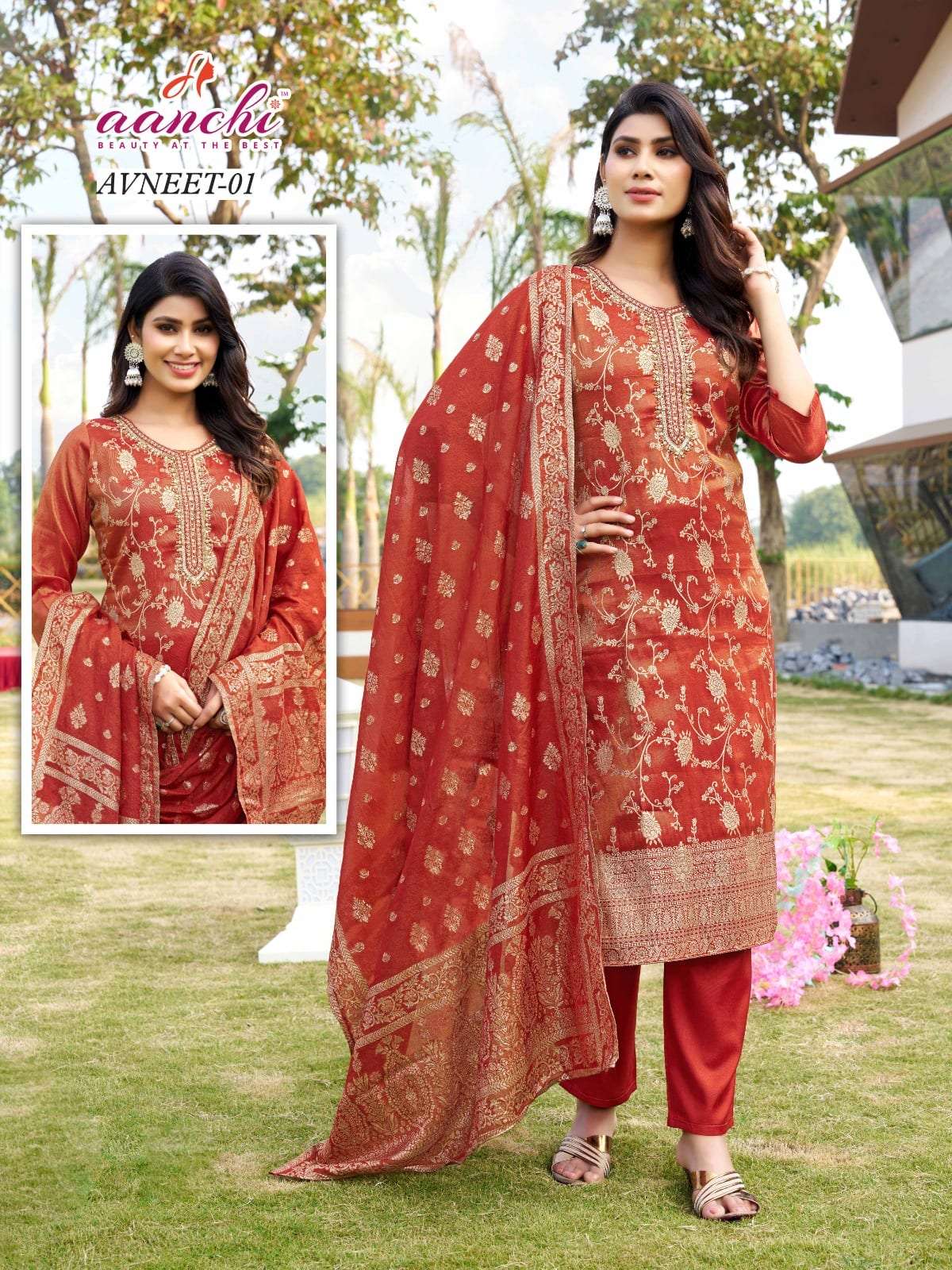AANCHI AVNEET PURE JACQUARD BUTTI EMBROIDERY DRESSES-00286