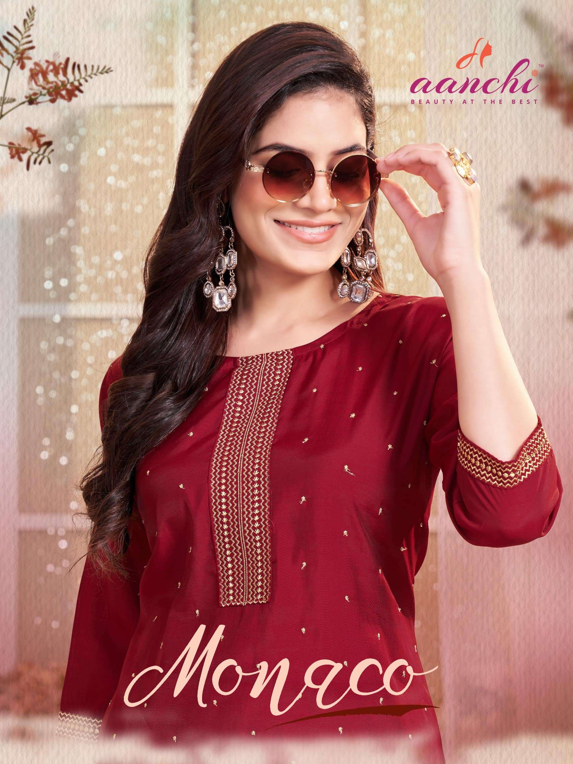 AANCHI MONACO PURE ROMAN SILK EMBROIDERY KURTIS-00286