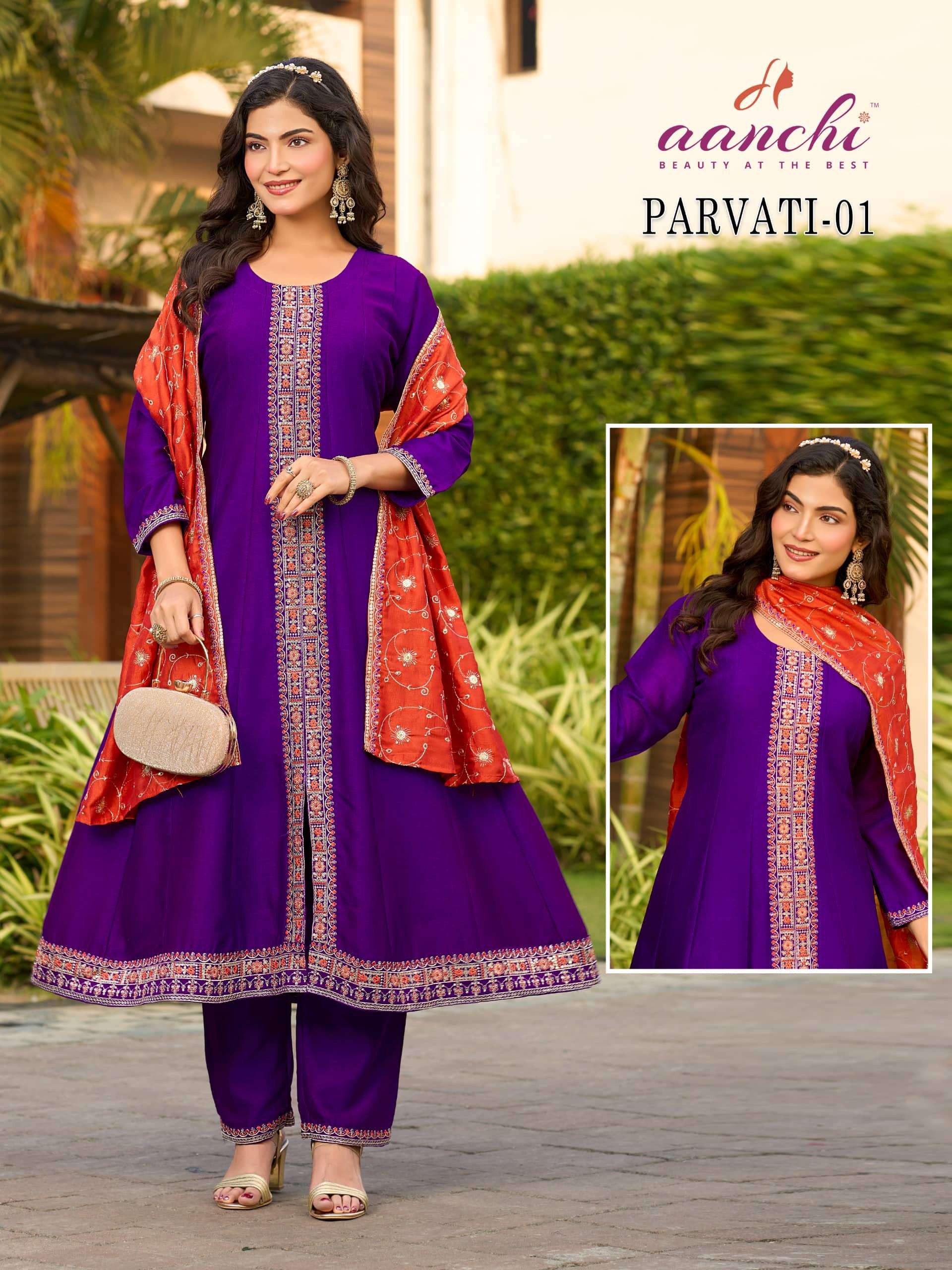 AANCHI PARVATI 01 TO 05 SERIES PURE VICHITRA SILK EMBROIDERY DRESSES-00286
