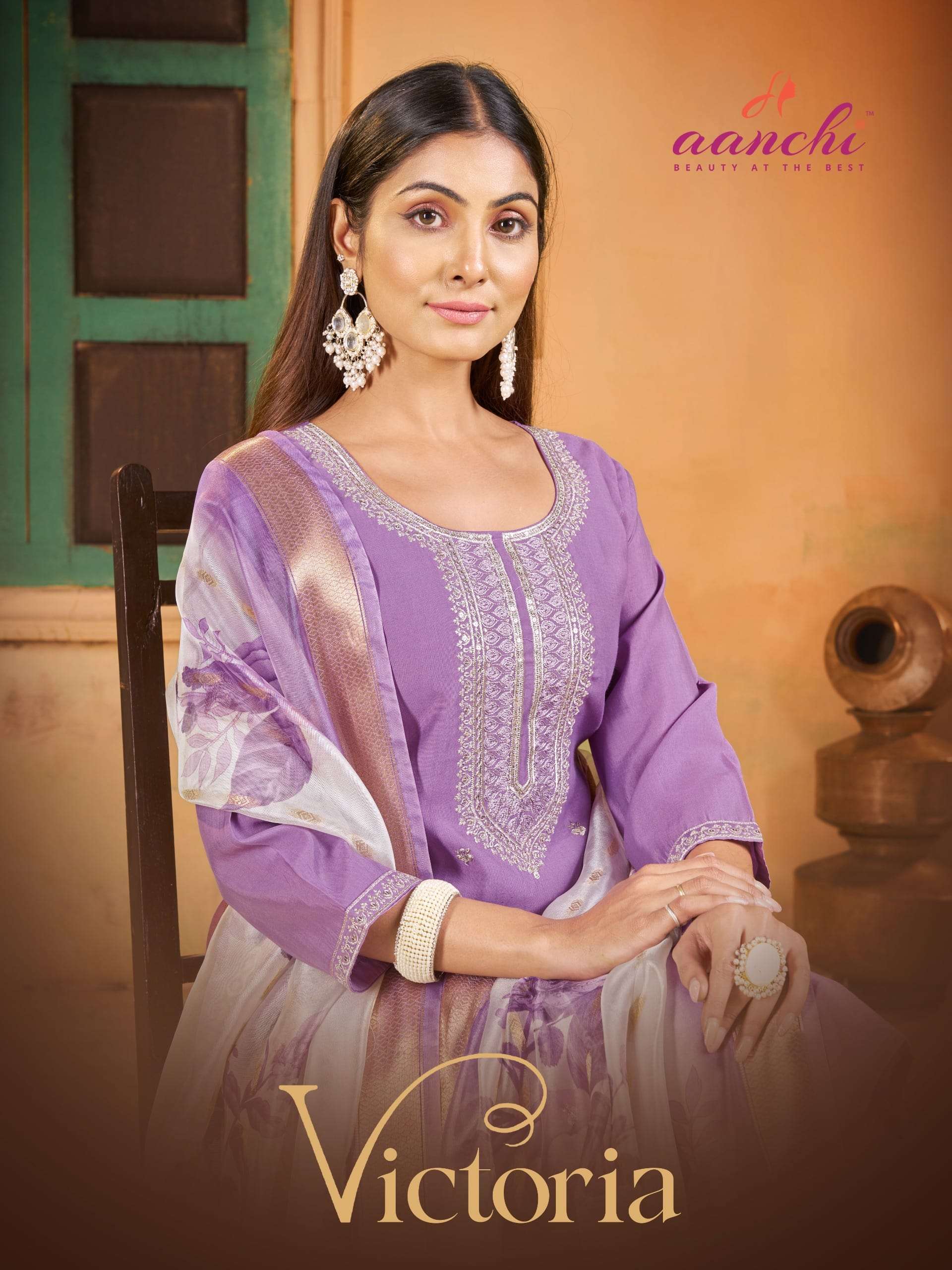 AANCHI VICTORIA PURE ROMAN SILK EMBROIDERY DRESSES-00286