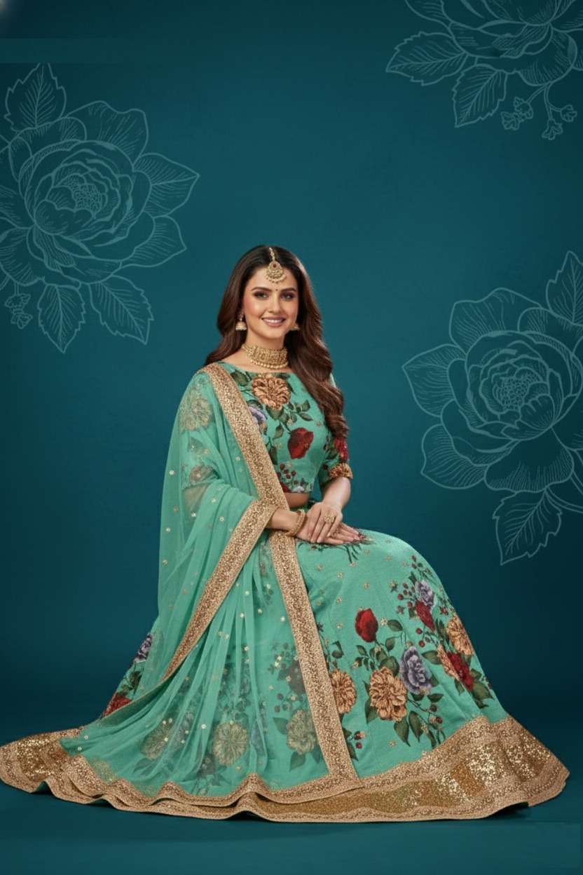 AAWIYA 2005 SEA COLOUR PURE ART SILK EMBROIDERY PRINTED LEHENGAS-00060