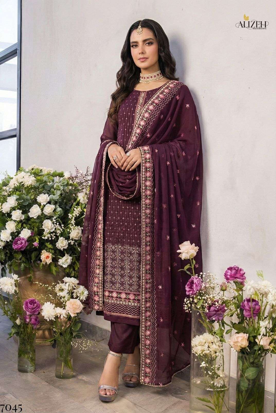 ALIZEH 7045 COLOUR PURE GEORGETTE EMBROIDERY DRESSES-00001