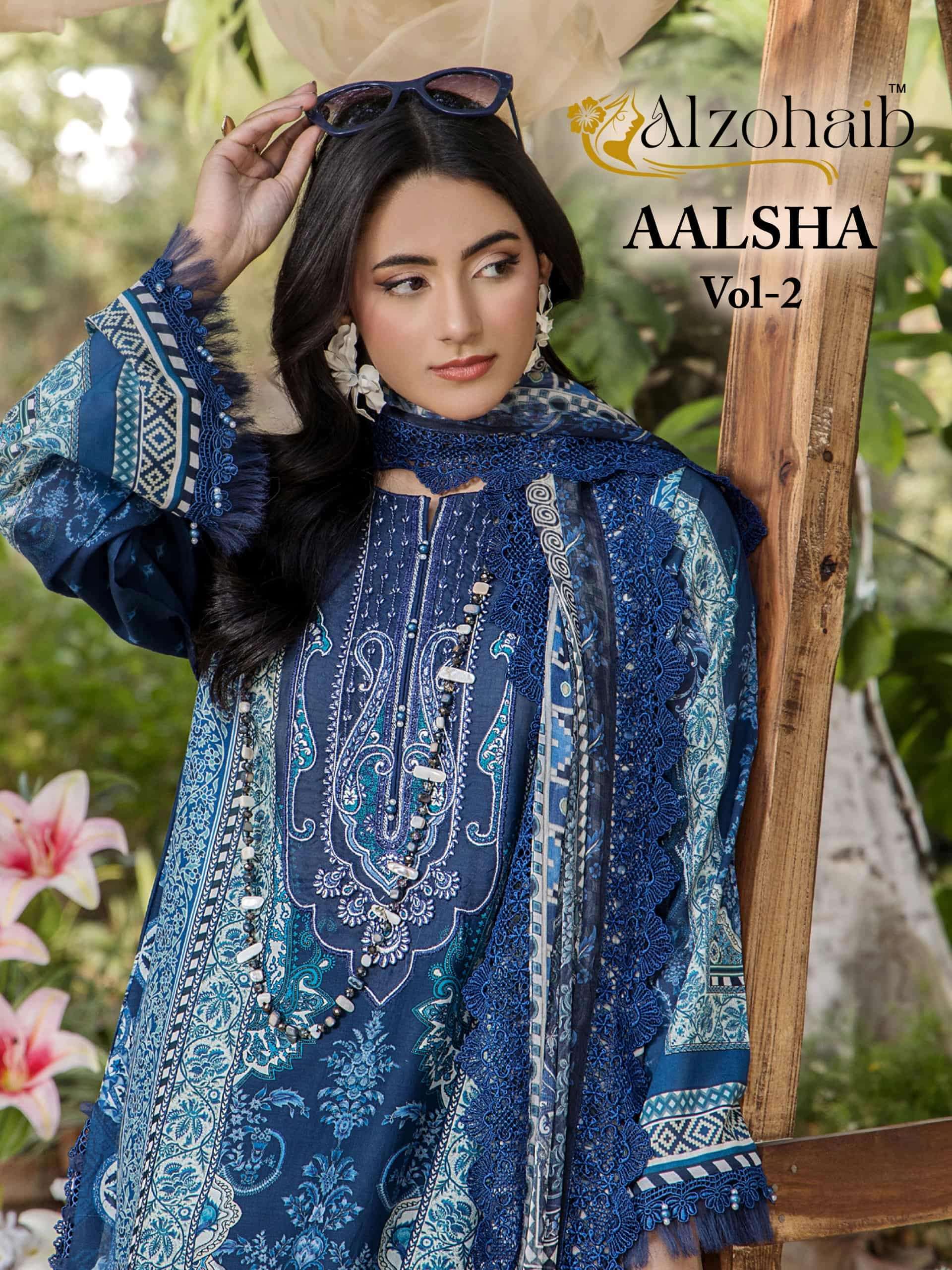 ALZOHAIB AALSHA VOL-02 AZ-1394 TO AZ-1397 SERIES PURE COTTON PRINTED EMBROIDERY PAKISTANI DRESSES-00...