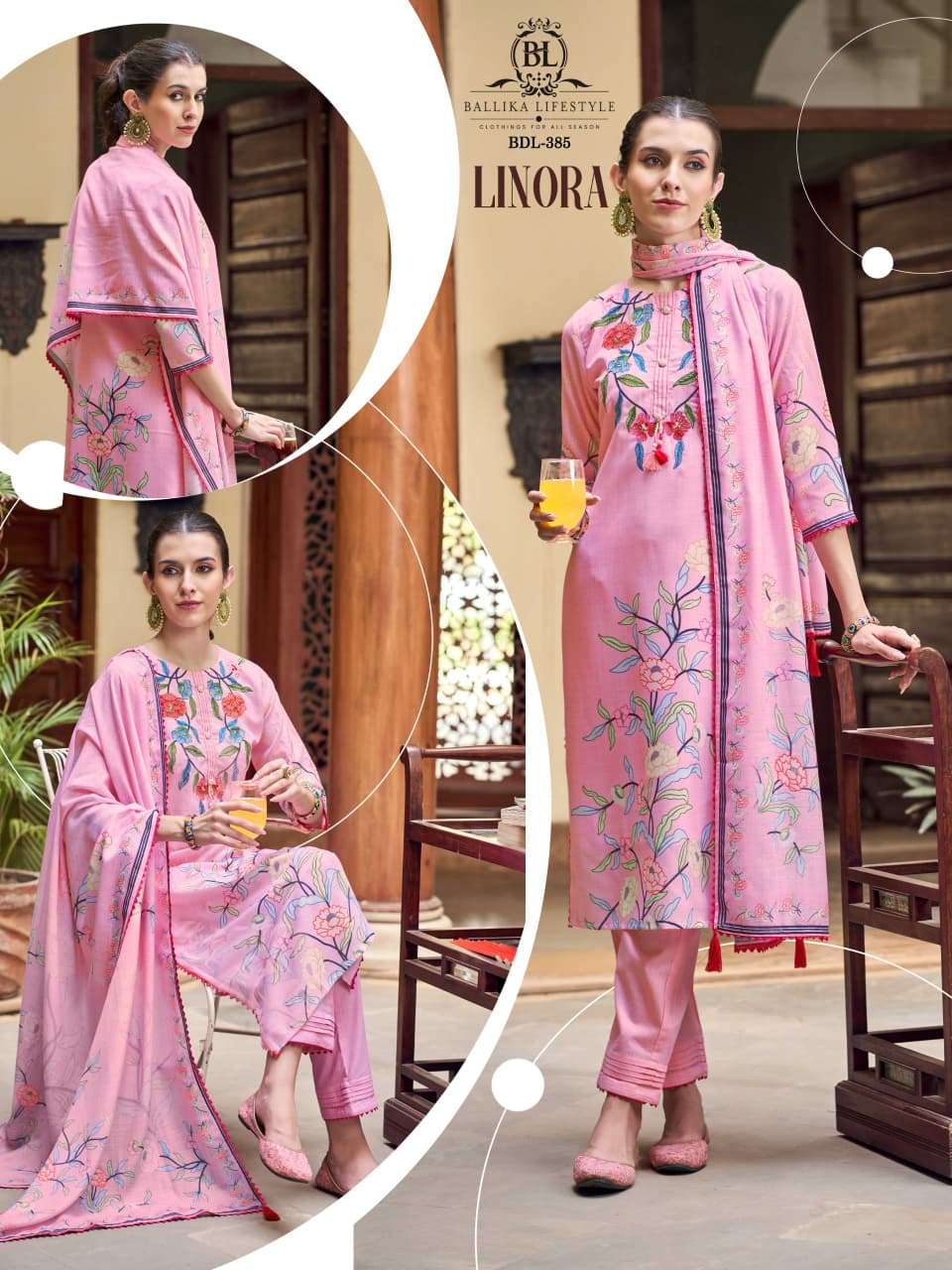 BALLIKA LIFESTYLE LINORA BLD-381 TO BLD-386 SERIES PURE LINEN EMBROIDERY PRINTED DRESSES-00316
