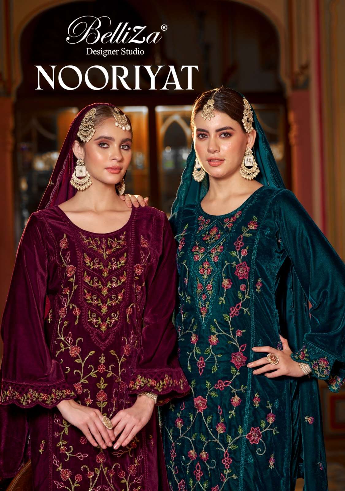 BELLIZA NOORIYAT 973-001 TO 973-004 SERIES PURE VELVET EMBROIDERY PAKISTANI DRESSES-00011