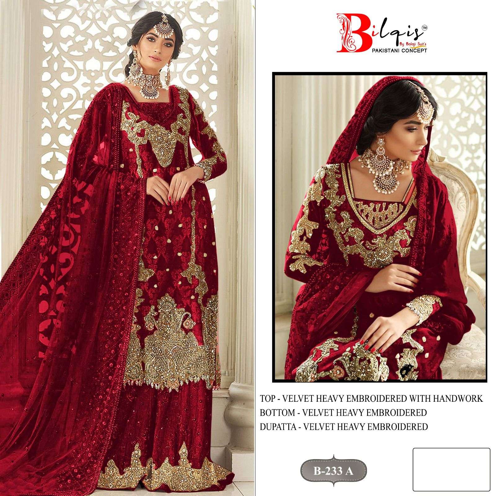 BILQIS B-233 A TO D SERIES PURE VELVET EMBROIDERY PAKISTANI DRESSES-00201