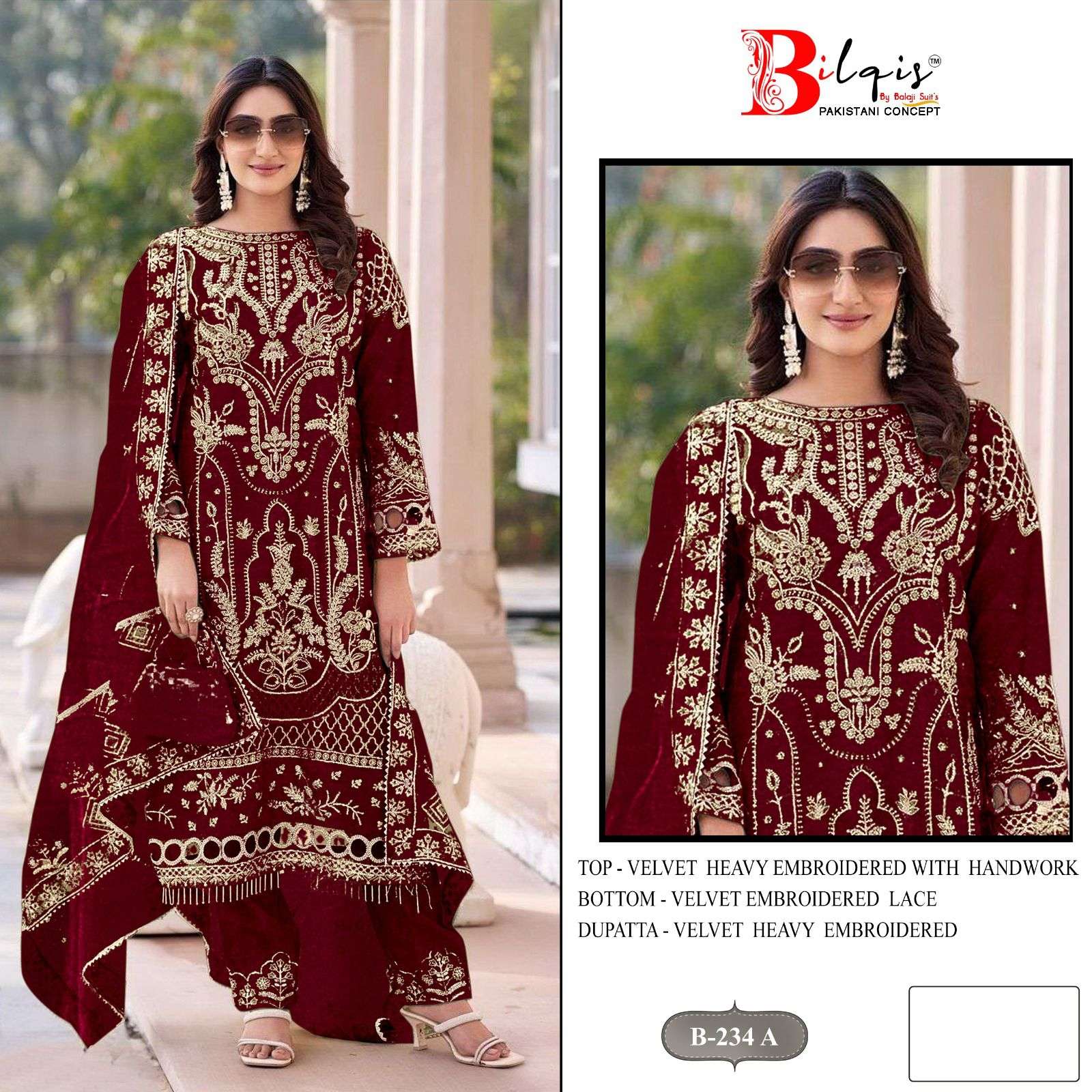 BILQIS B-234 A TO D SERIES PURE VELVET EMBROIDERY PAKISTANI DRESSES-00201
