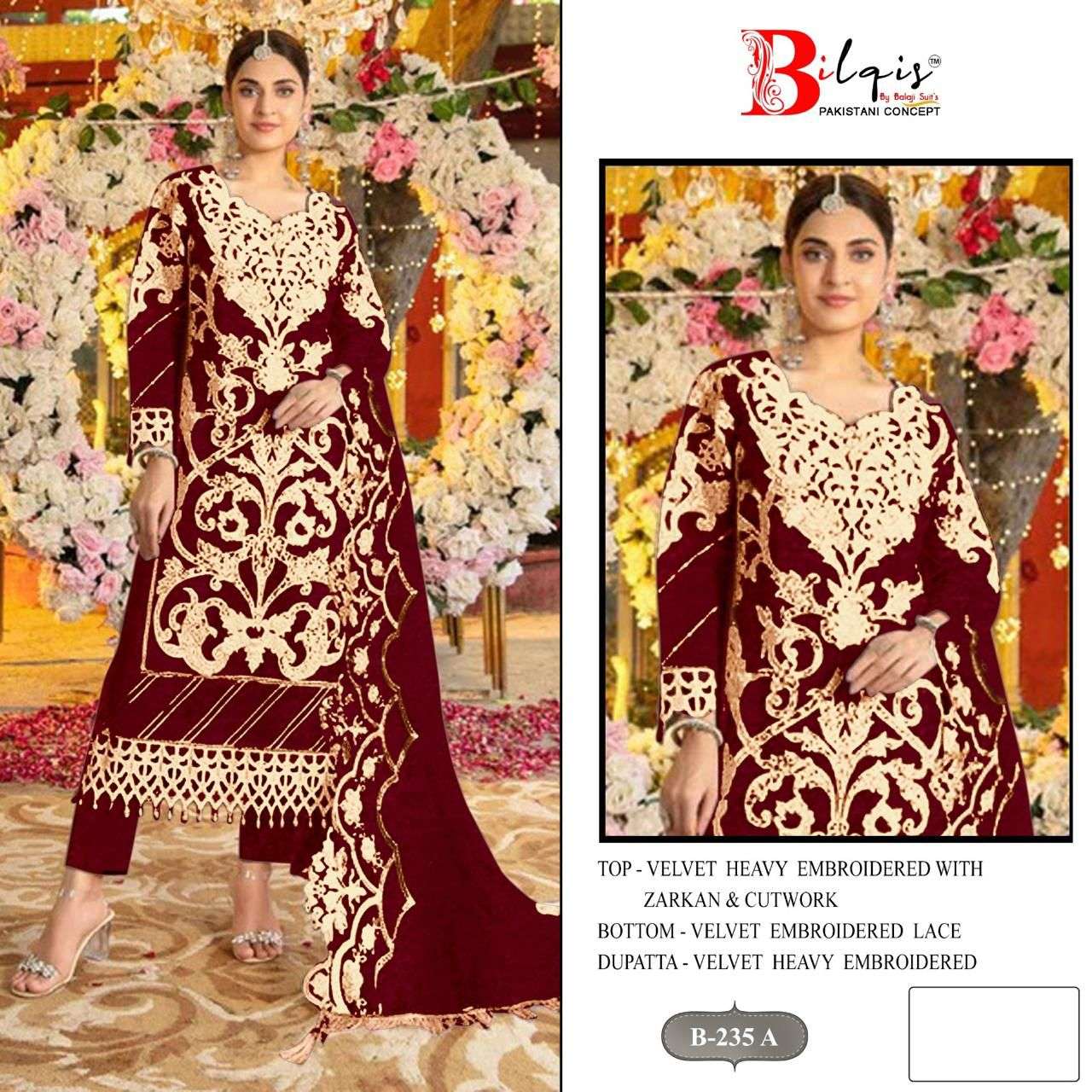BILQIS B-235 A TO D SERIES PURE VELVET EMBROIDERY PAKISTANI DRESSES-00201