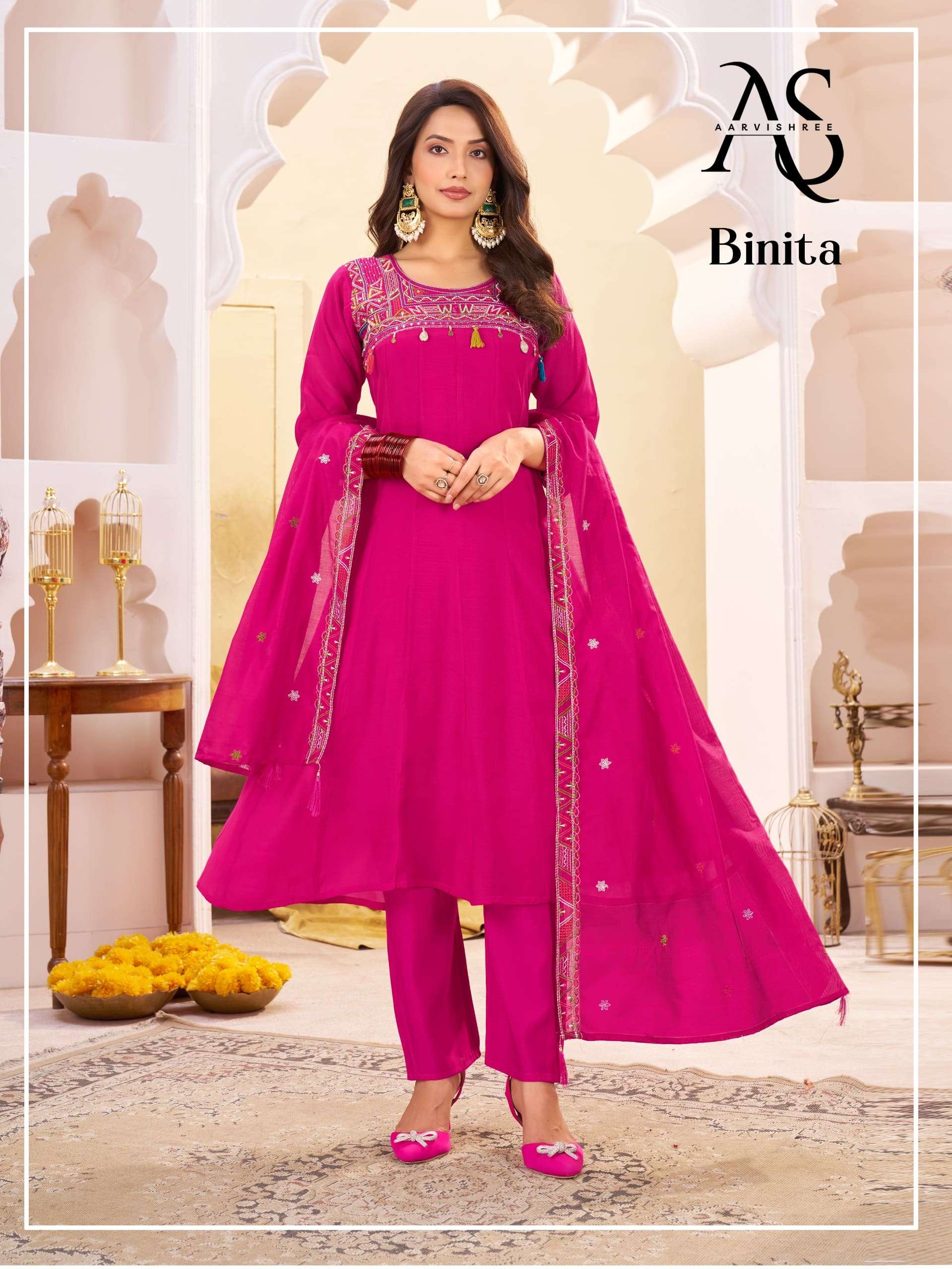 BINITA BY ASLIWHOLESALE DESIGNER PURE MAL CHANDERI EMBROIDERY DRESSES-00014